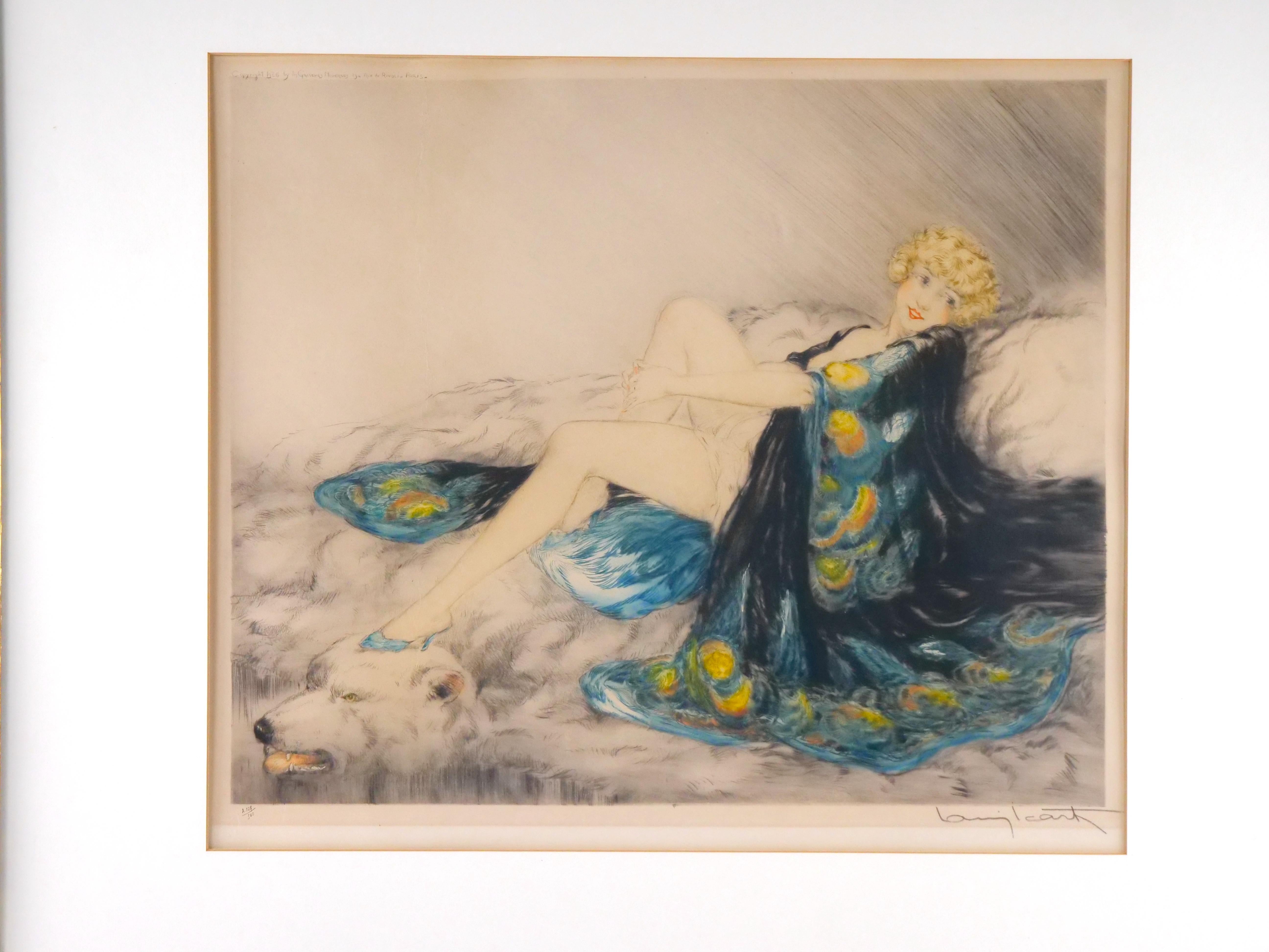 Louis Icart Framed Etching of Female Beauty in Peacock Lingerie on Bearskin 1926 For Sale 4
