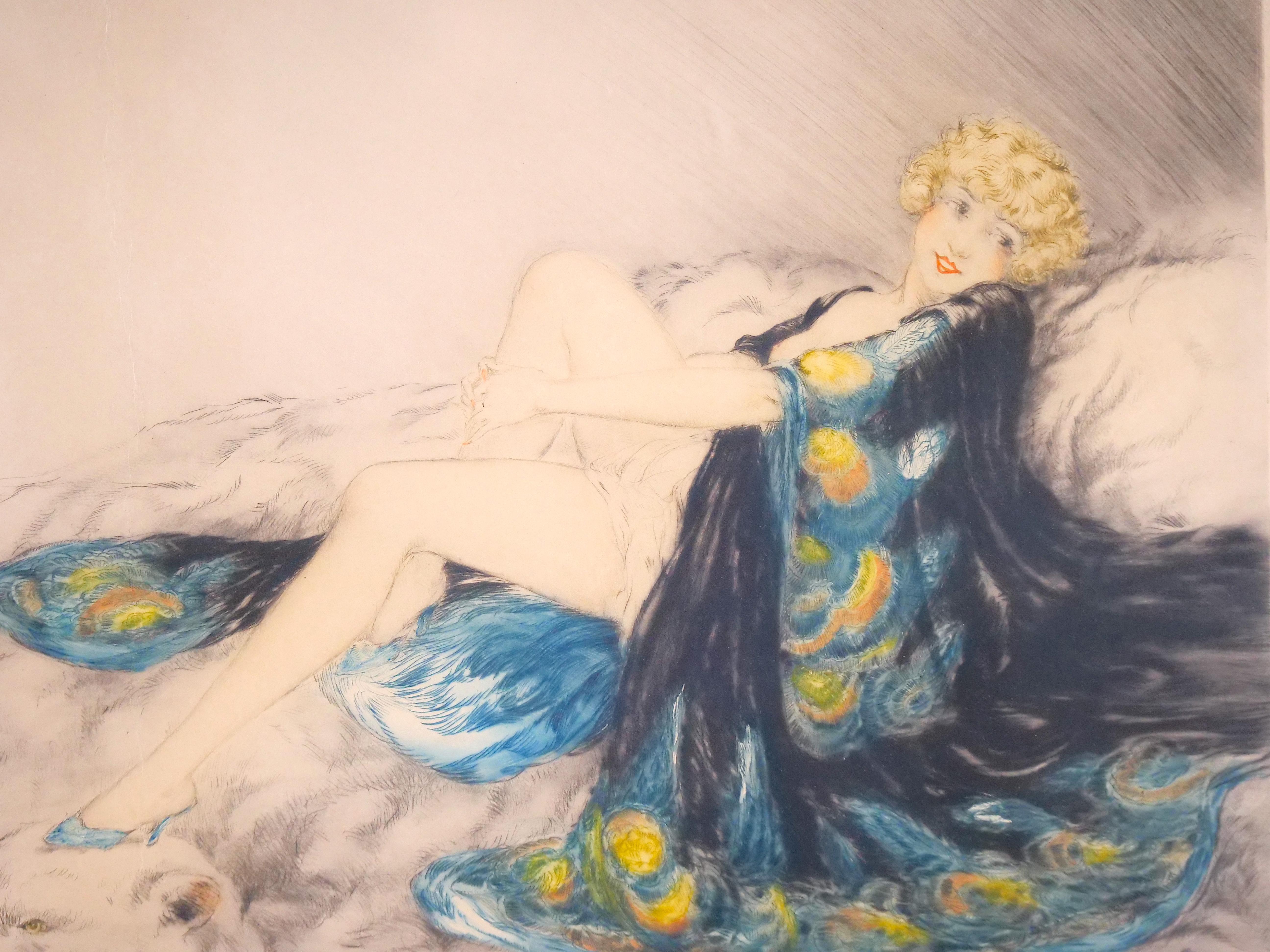 20th Century Louis Icart Framed Etching of Female Beauty in Peacock Lingerie on Bearskin 1926 For Sale