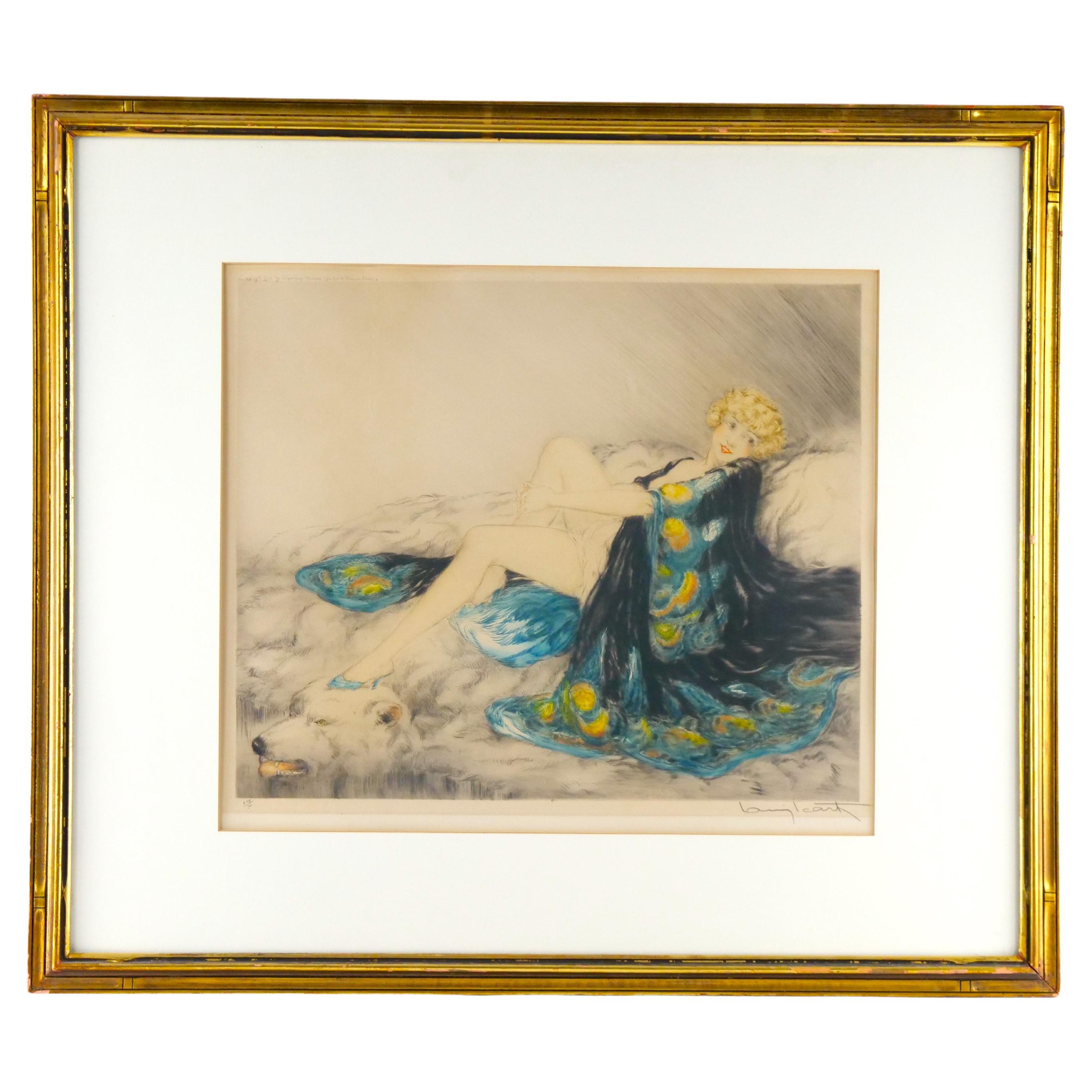 Louis Icart, acquaforte incorniciata di bellezza femminile in lingerie di pavone su pelle d'orso 1926 in vendita