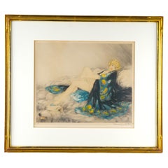 Louis Icart Framed Etching of Female Beauty in Peacock Lingerie on Bearskin 1926