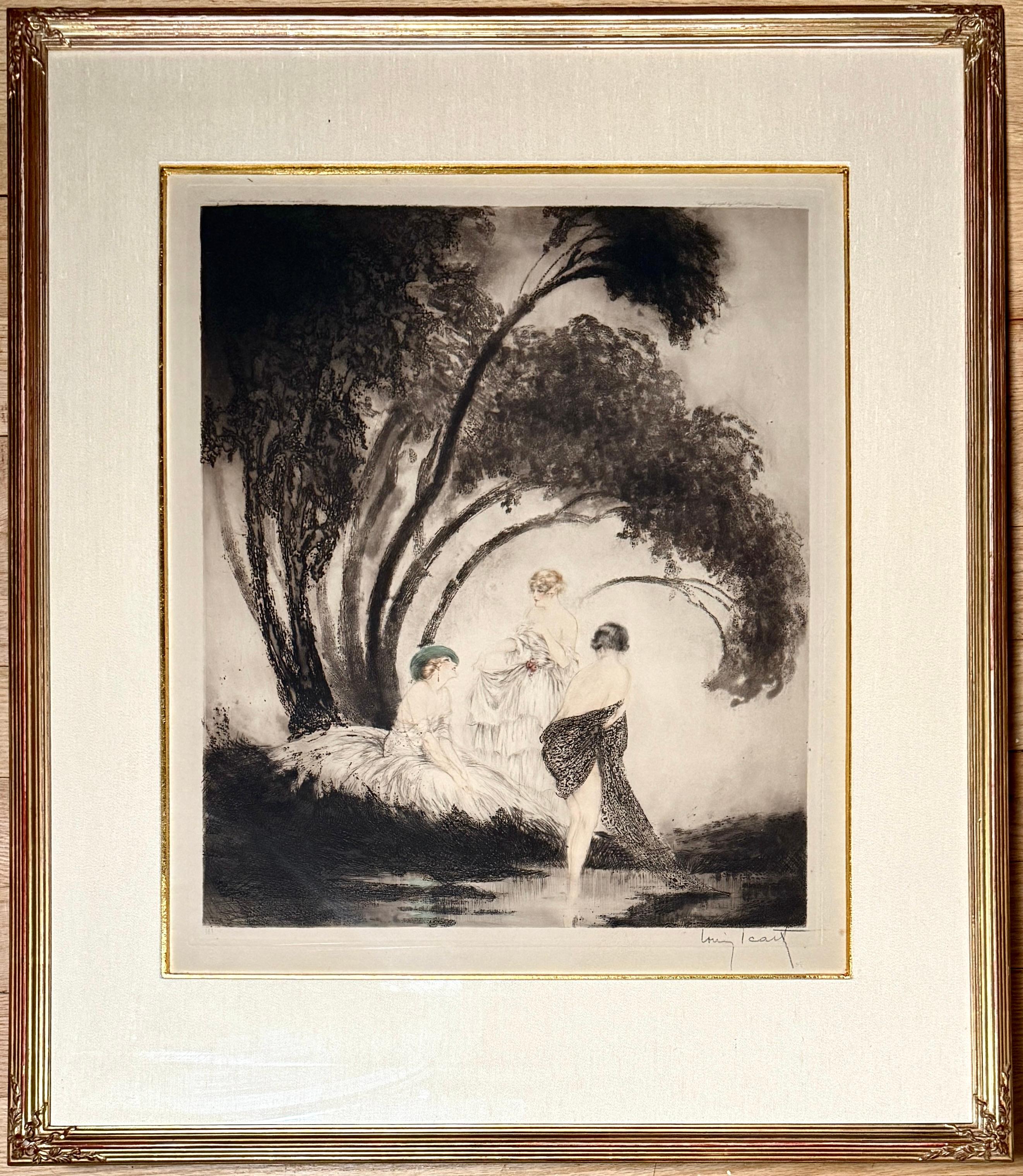 Diese exquisite Radierung und Aquatinta von Louis Icart aus dem Jahr 1926 mit dem Titel Badende (Bathers) ist ein schönes Beispiel für die berühmte Meisterschaft des Künstlers in Bezug auf Eleganz, Bewegung und weibliche Sinnlichkeit. Das von