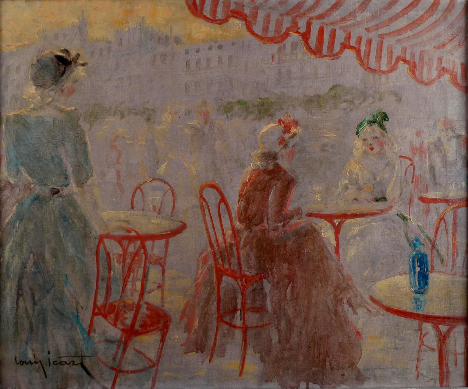 "Café place Blanche", huile sur toile du 20e siècle de l'artiste français Louis Icart