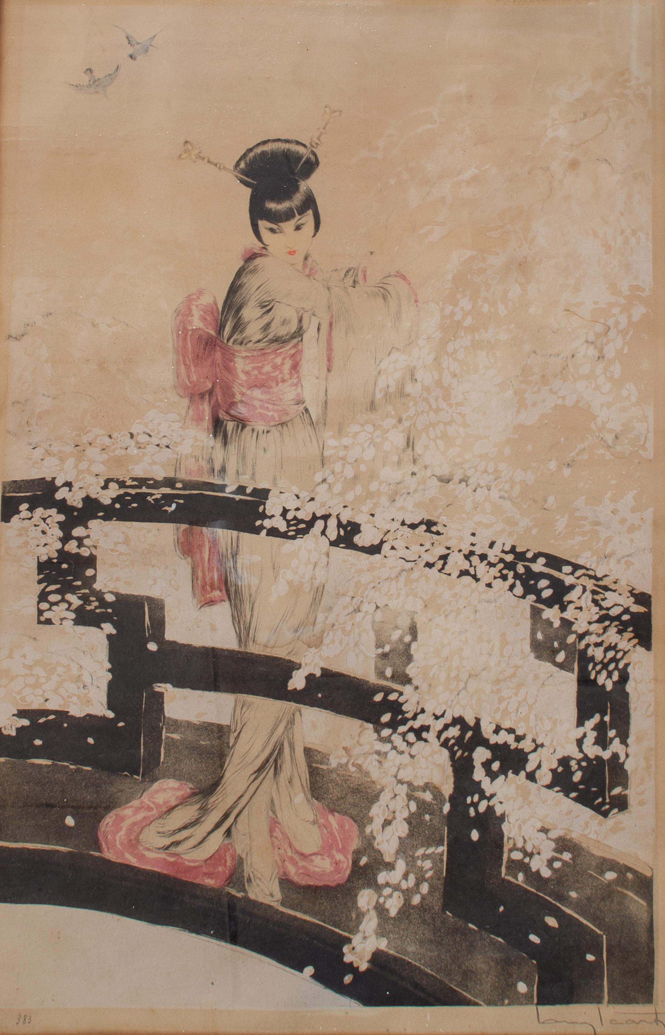 1927 Aguafuerte Art Déco de una Geisha por Louis Icart 2