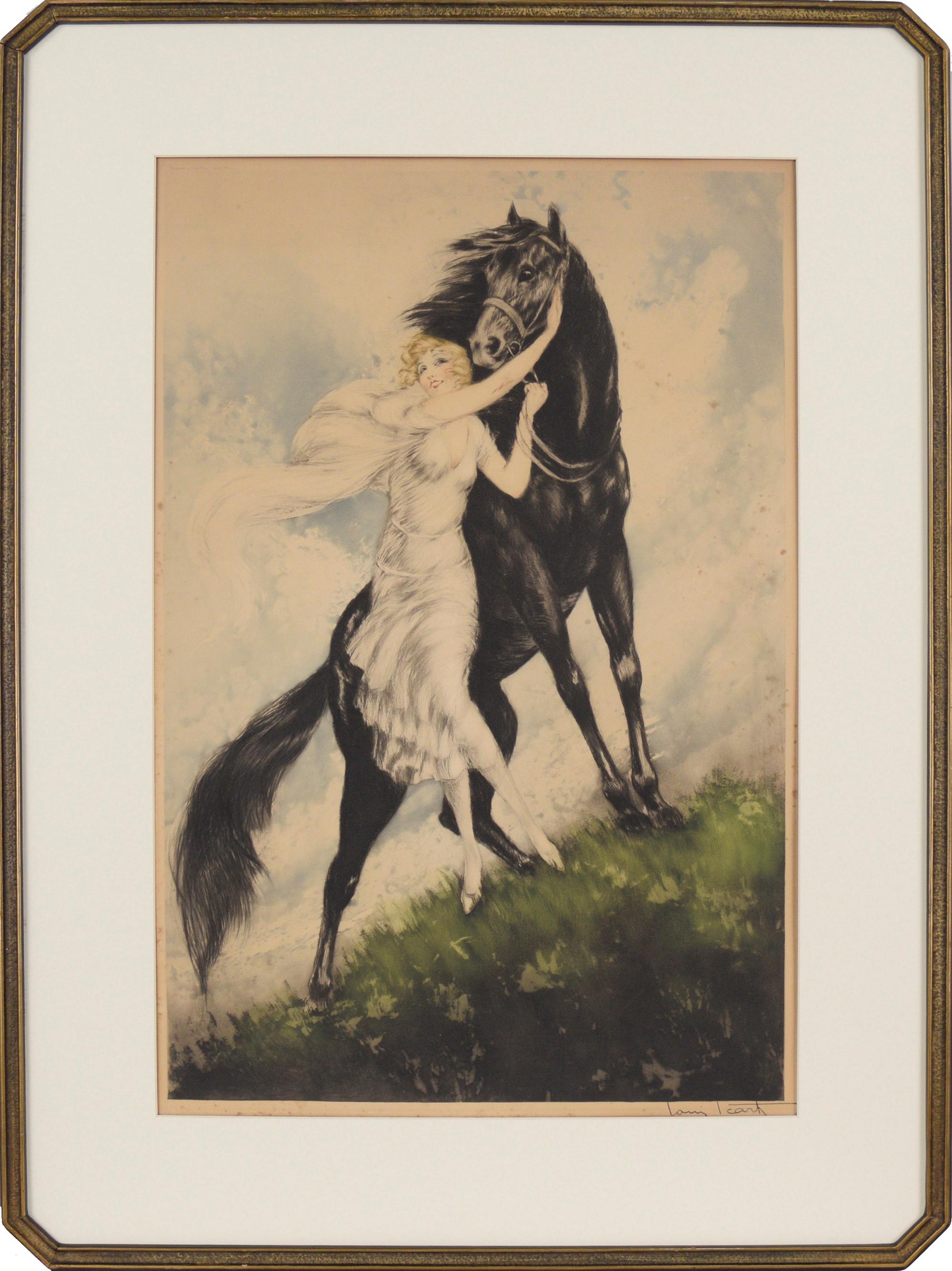 Gravure et Aquatinte Art Déco "Jeunesse" signée par Louis Icart

Représentation iconique d'une femme et d'un cheval intitulée "Jeunesse" par le célèbre artiste Art déco Louis Icart (français, 1890 - 1950), 1930. D'un style et d'une ambiance