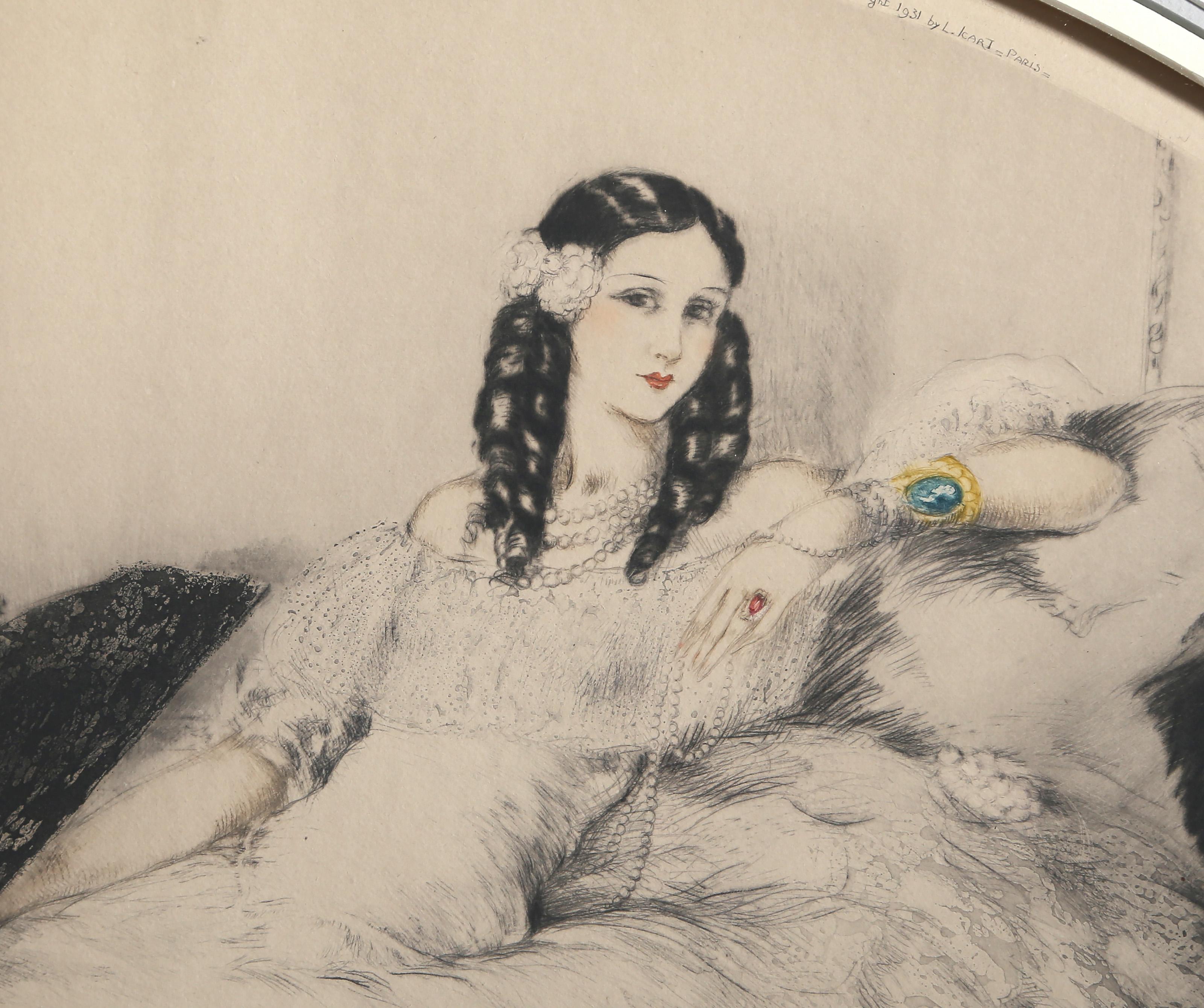 Black Fan, Art Nouveau Aquatint Etching by Louis Icart For Sale 1