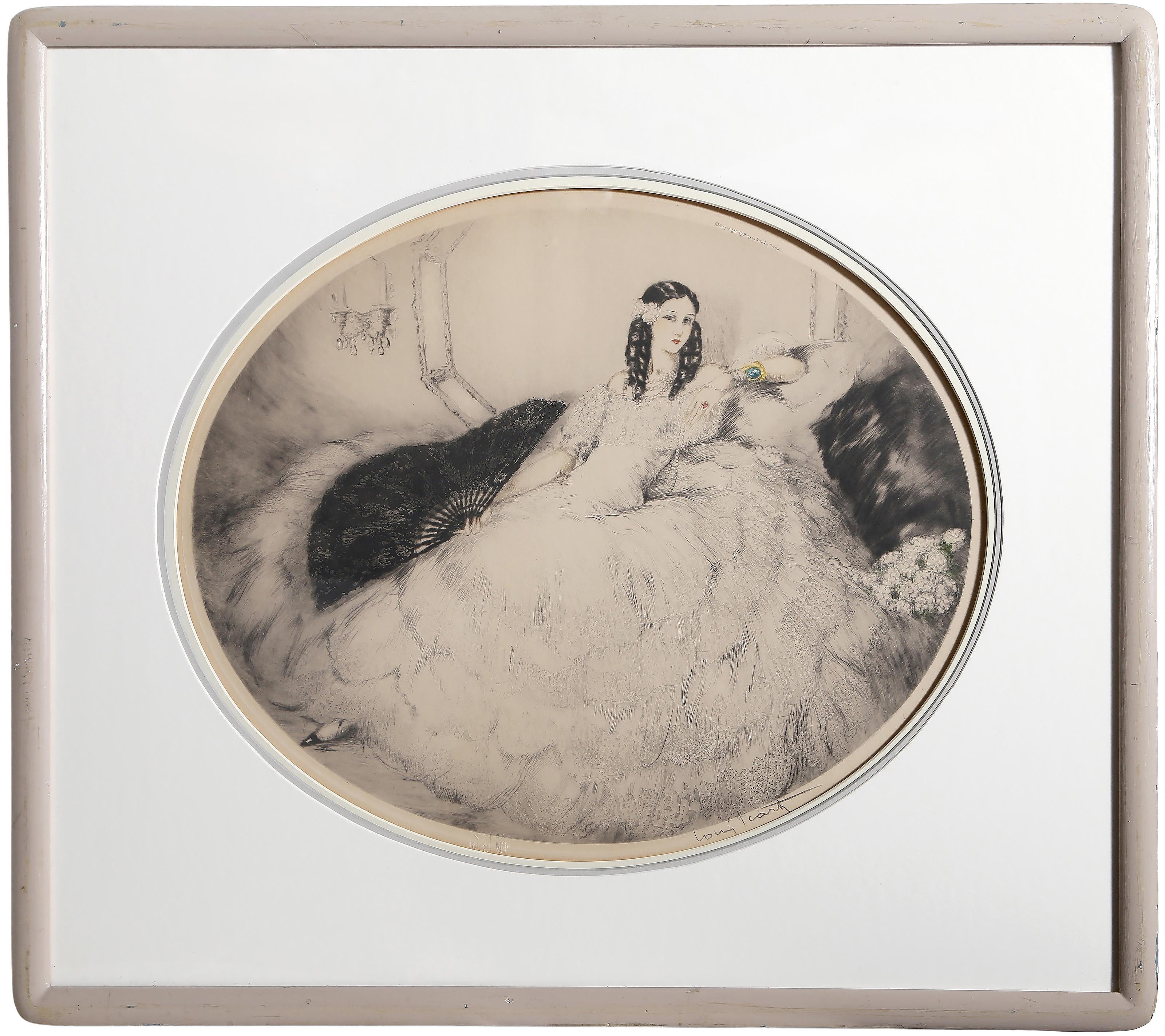 Louis Icart, French (1888 - 1950) - Black Fan, Year:  1931, Medium:  Aquatint Etching, signed in pencil lower right, Image Size:  16 x 20.75 inches, Frame Size:  25.75 x 30 inches, Publisher:  Les Graveurs Modernes, Reference:  Reference: Figure 406