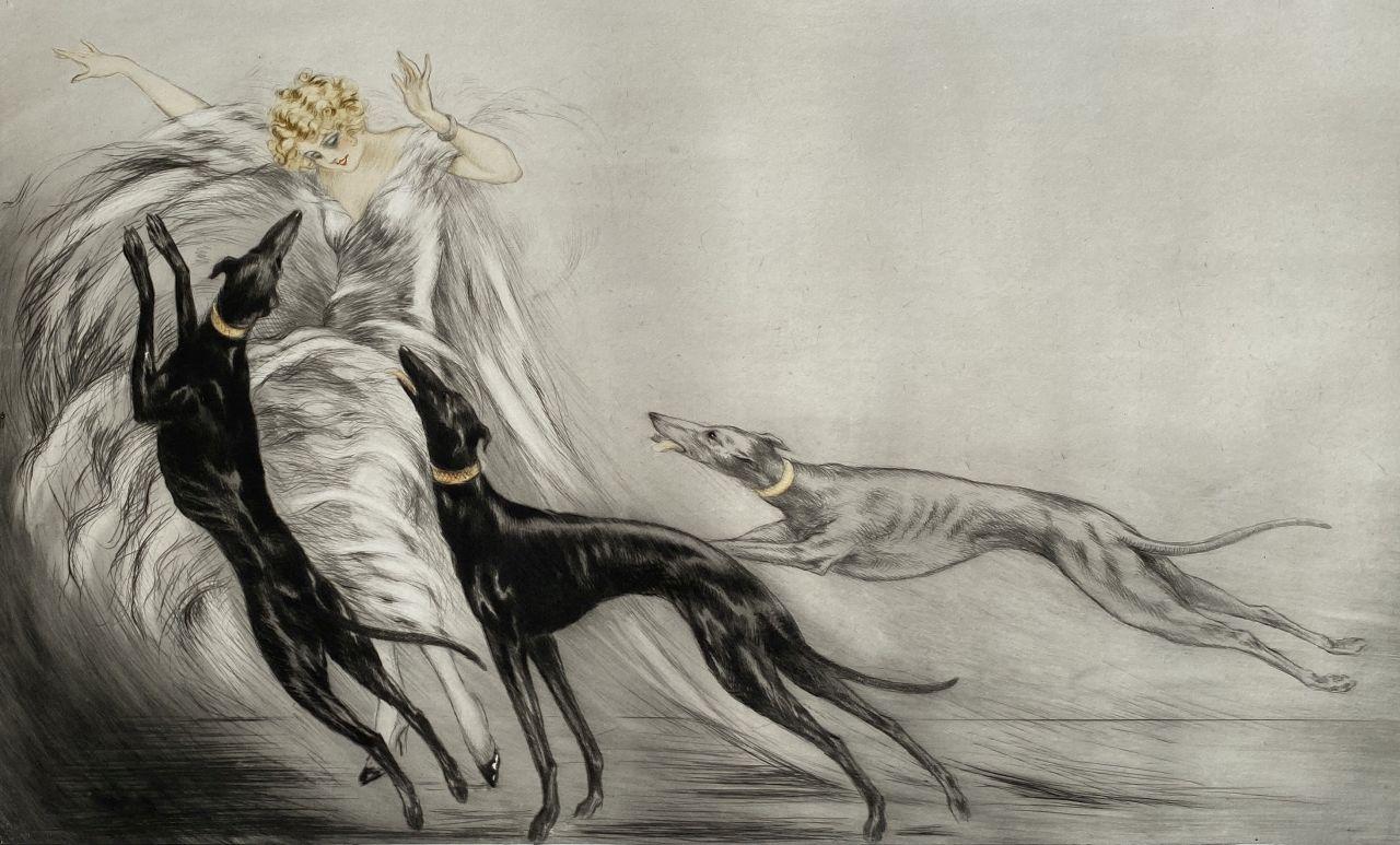 Coursing II - Elegant With Greyhounds - Original Etching Hand Signed - Print by Louis Icart