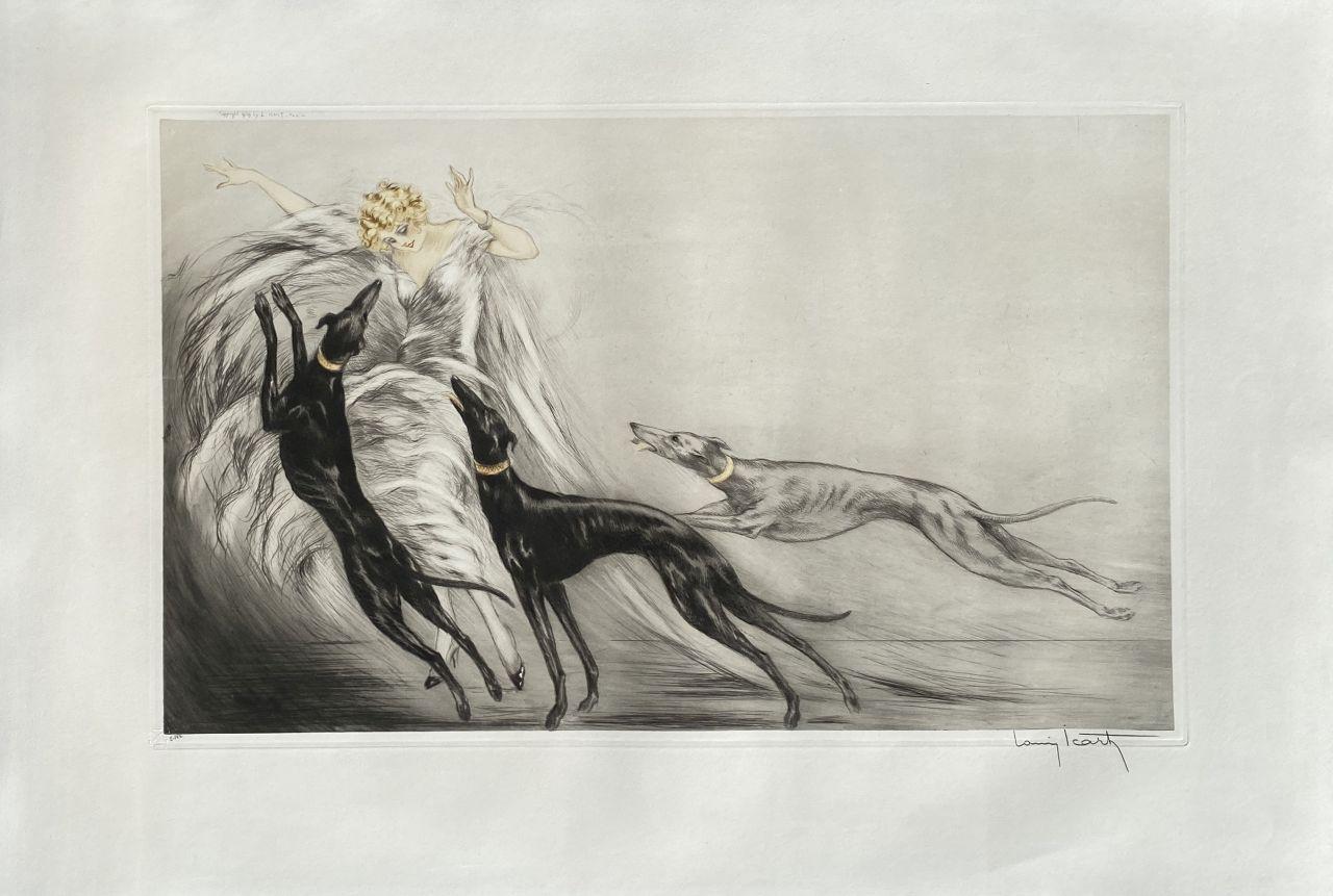 Louis Icart Figurative Print - Coursing II - Elegant With Greyhounds - Original Etching Hand Signed