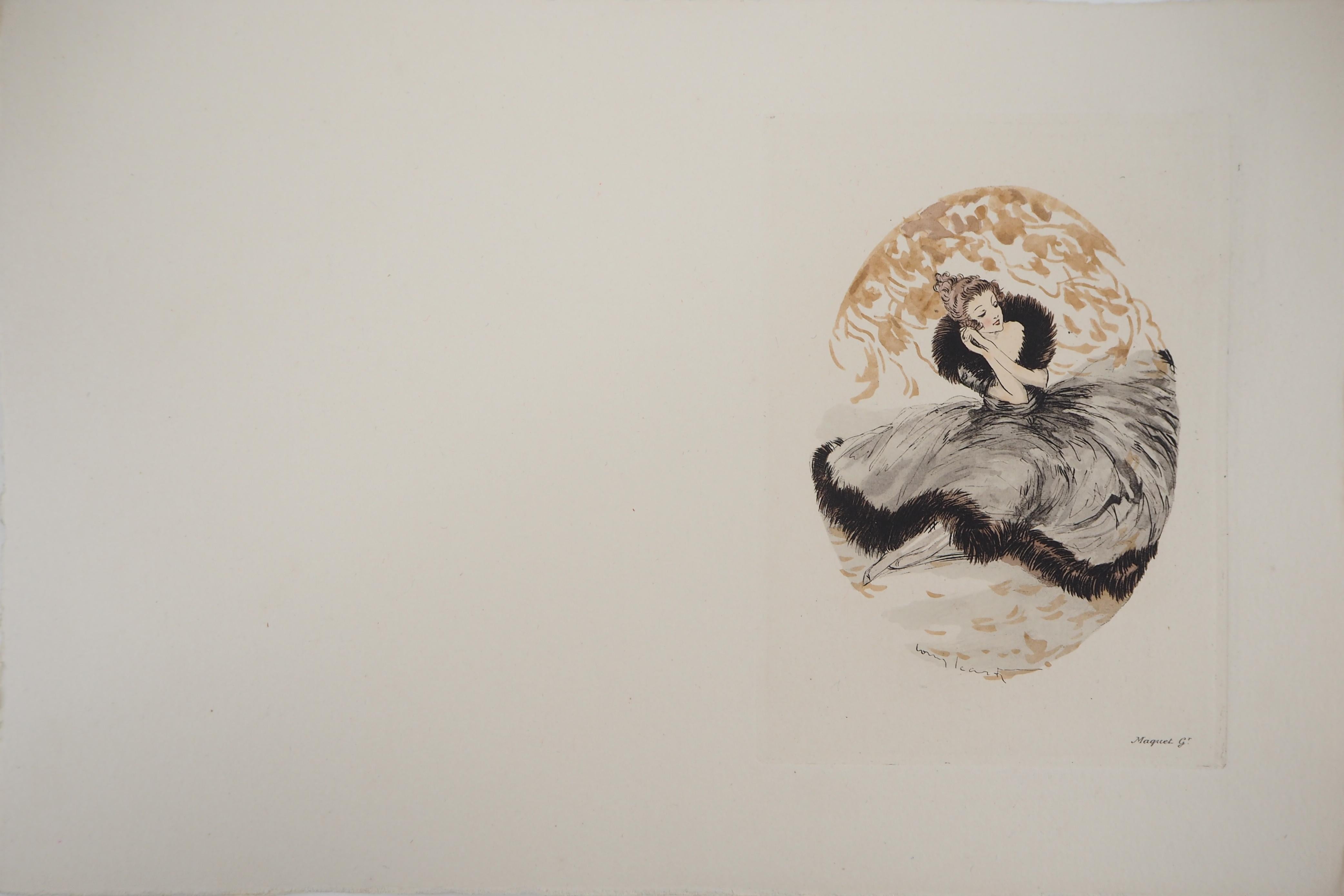 Träumendes Mädchen - Original-Radierung – Print von Louis Icart