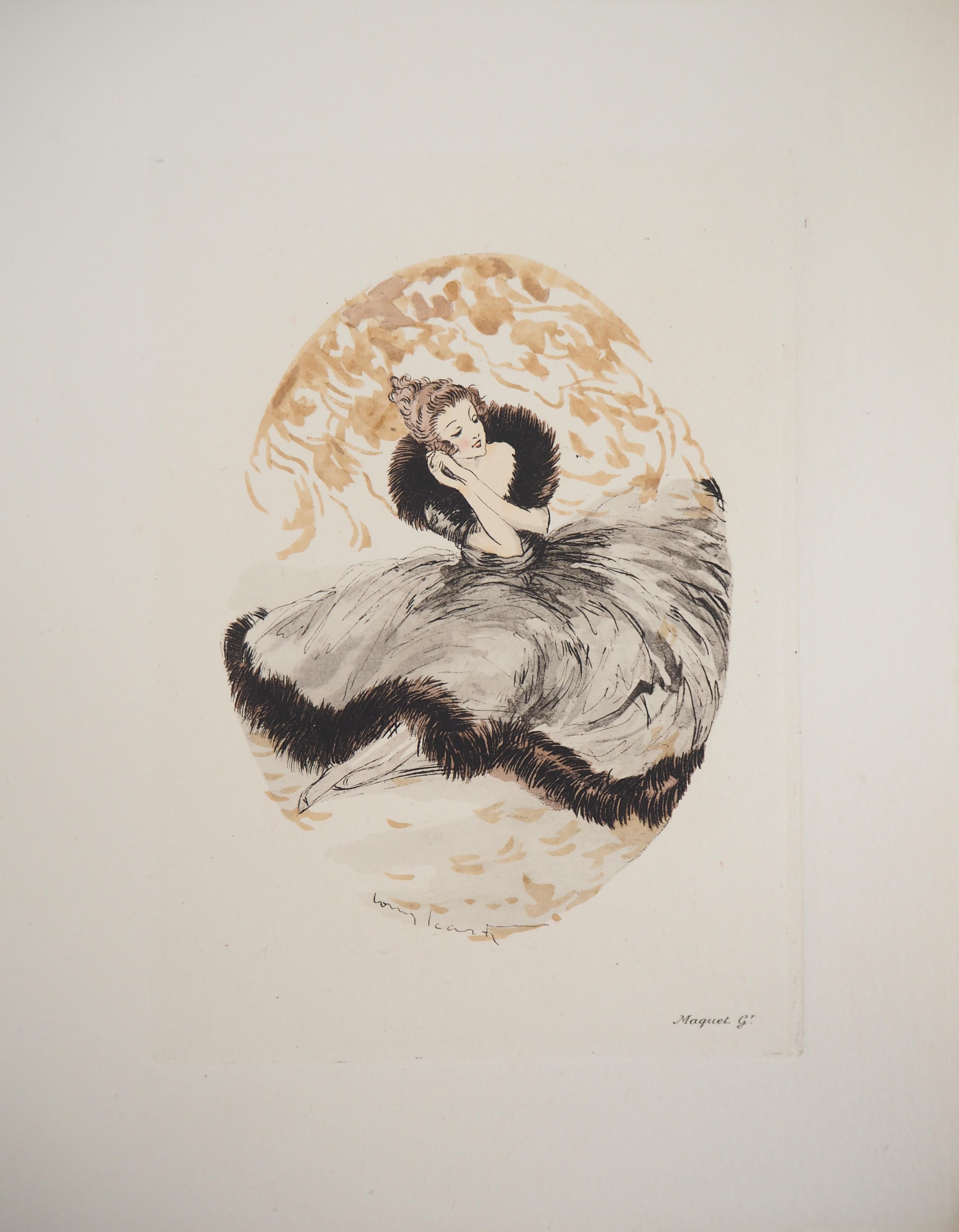 Dreaming Girl - Original etching - Beige Figurative Print by Louis Icart
