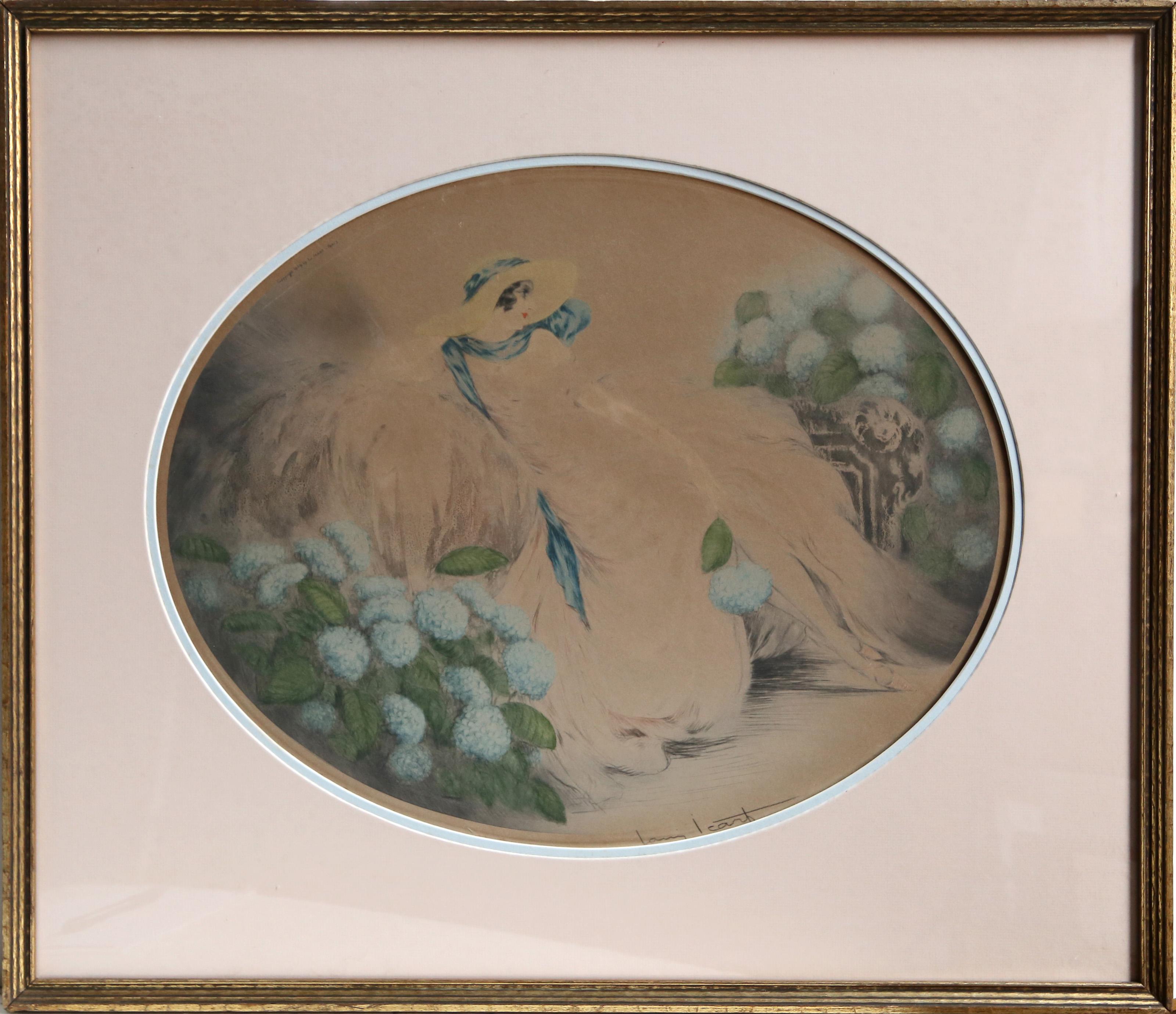 Louis Icart, francés (1888 - 1950) - Hortensias, Año:  1929, Medio:  Aguafuerte en color, Firmado a lápiz, Tamaño de la imagen:  16 x 20 pulgadas, Tamaño del marco:  24,5 x 28,5 pulgadas, Referencia:  Figura 373 en "Louis Icart: Los grabados