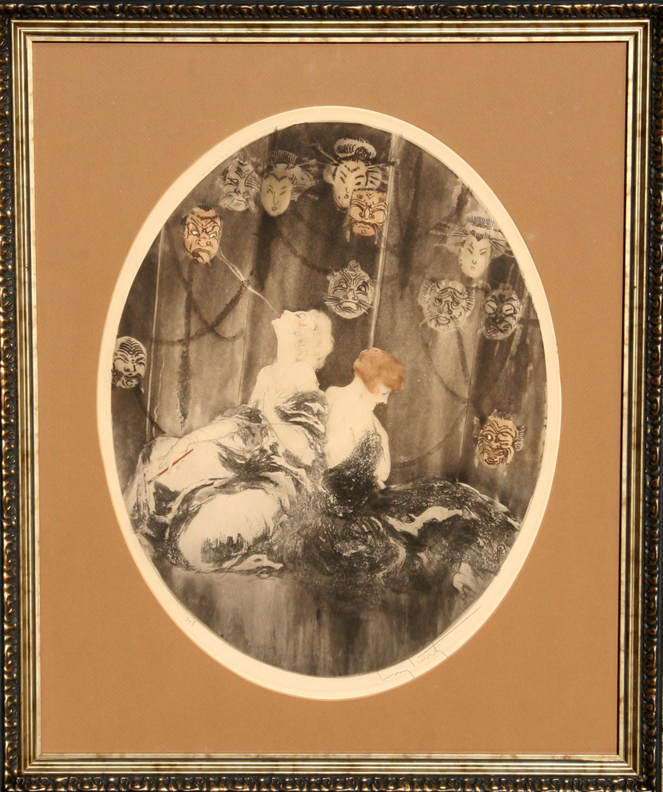 Les Masques, aguafuerte en color Art Nouveau de Louis Icart