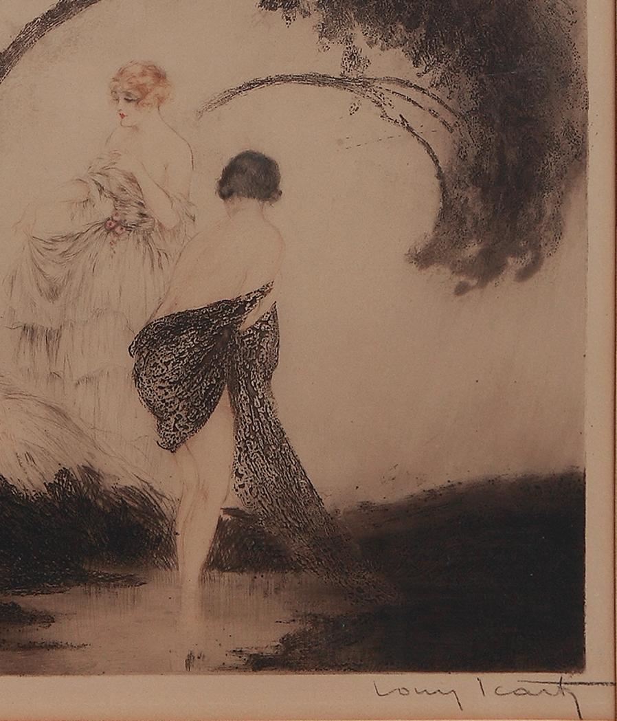 Art Deco, colored etching by Louis Icart ( 1888-1950 ), France. Signed in pencil lower right: Louis Icart. Framed.
Dimensions: 21.85 x 18.11 in ( 55,5 x 46 cm )
