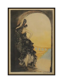 Louis Icart HAND SIGNED COLORED ETCHING Windmill Stamp Seville Art Deco Artwork