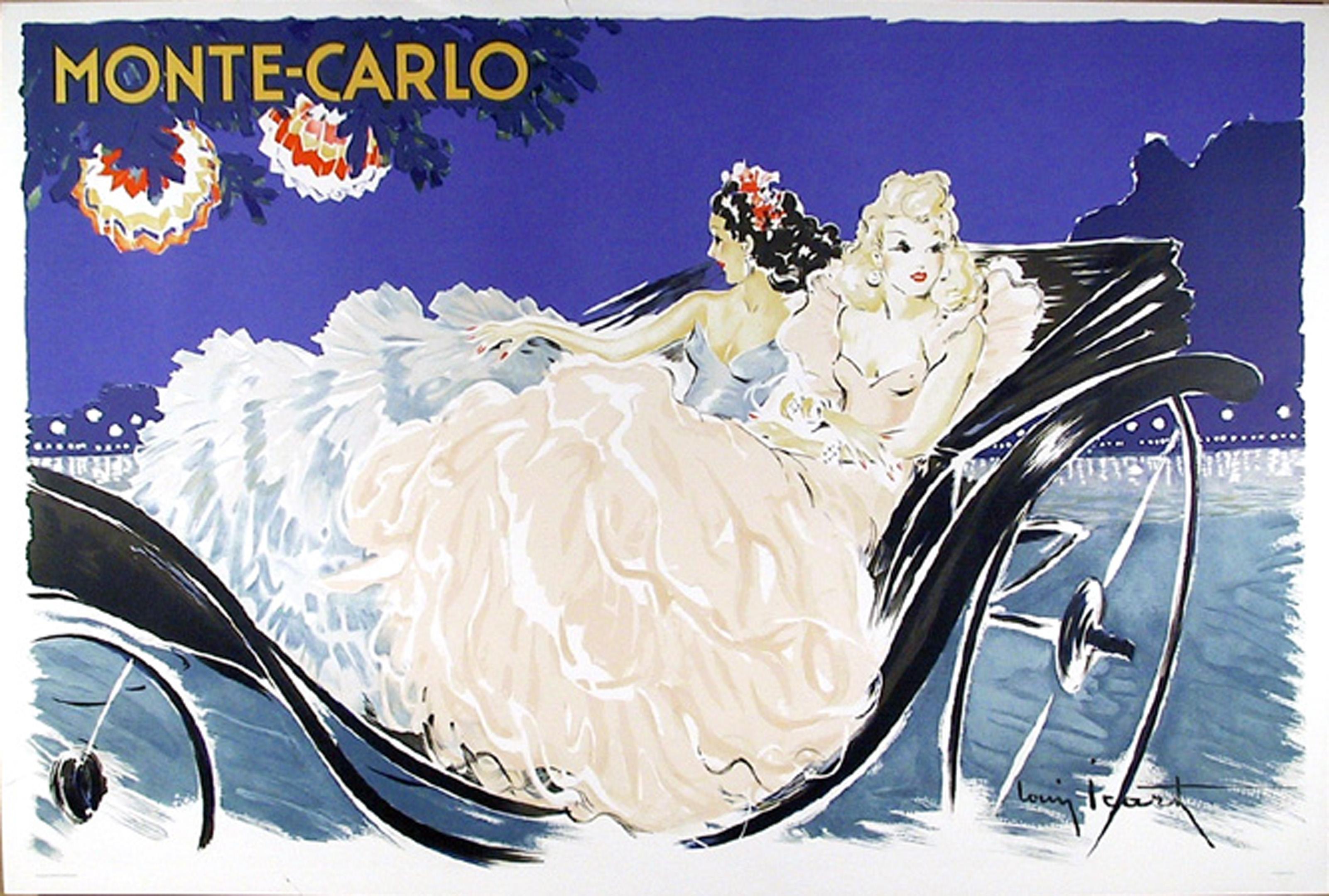 Louis Icart, D'après, Français (1888 - 1950) - Monte Carlo, Médium :  Poster, Taille :  24 x 36 in. (60.96 x 91.44 cm), Description :  Réimpression moderne de l'estampe classique de Louis Eleg, représentant deux femmes vêtues d'élégantes robes de