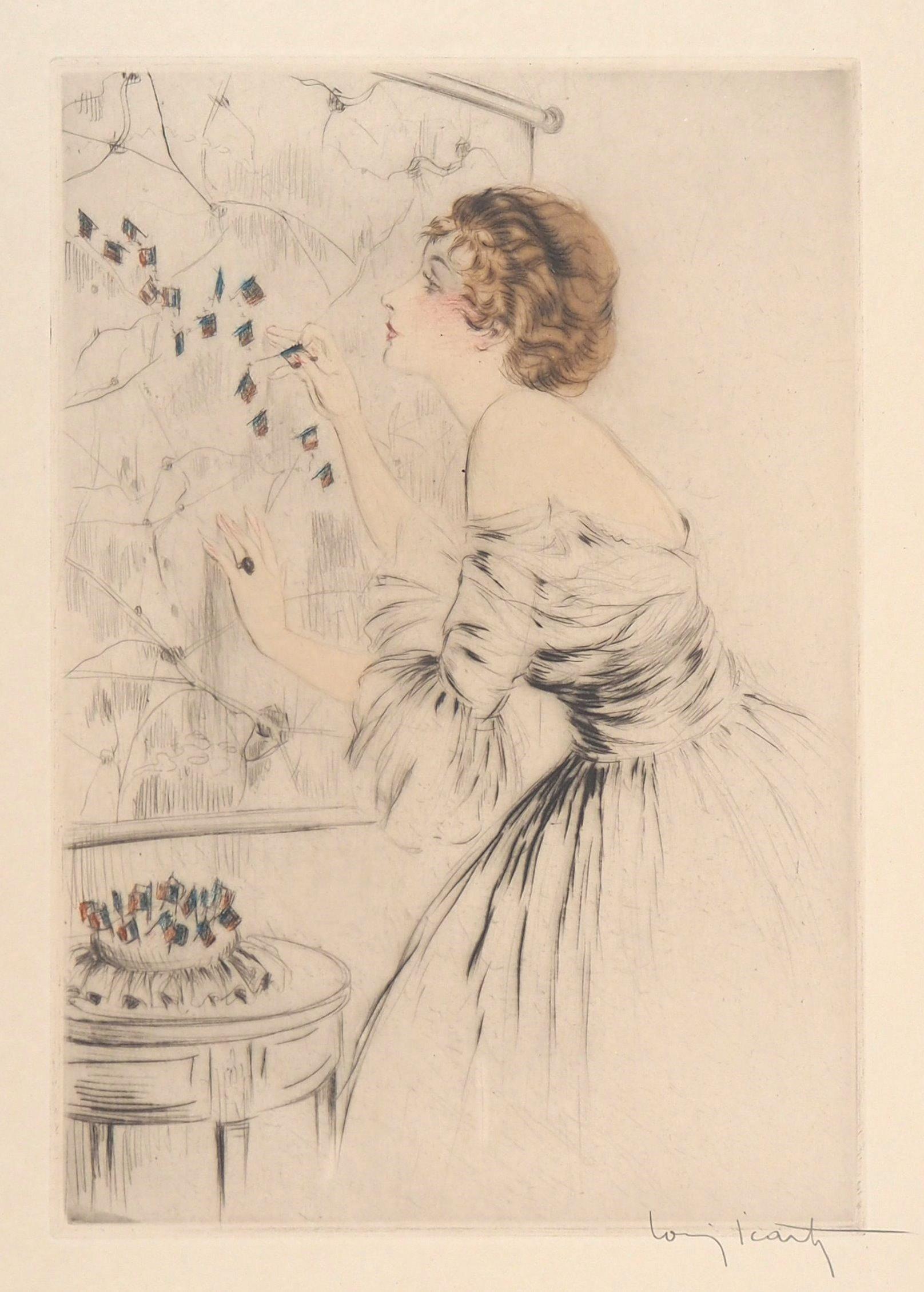 Patriotic Woman, c. 1917 - Original Handsigned Etching with Marginal Watercolor - Art Deco Print by Louis Icart