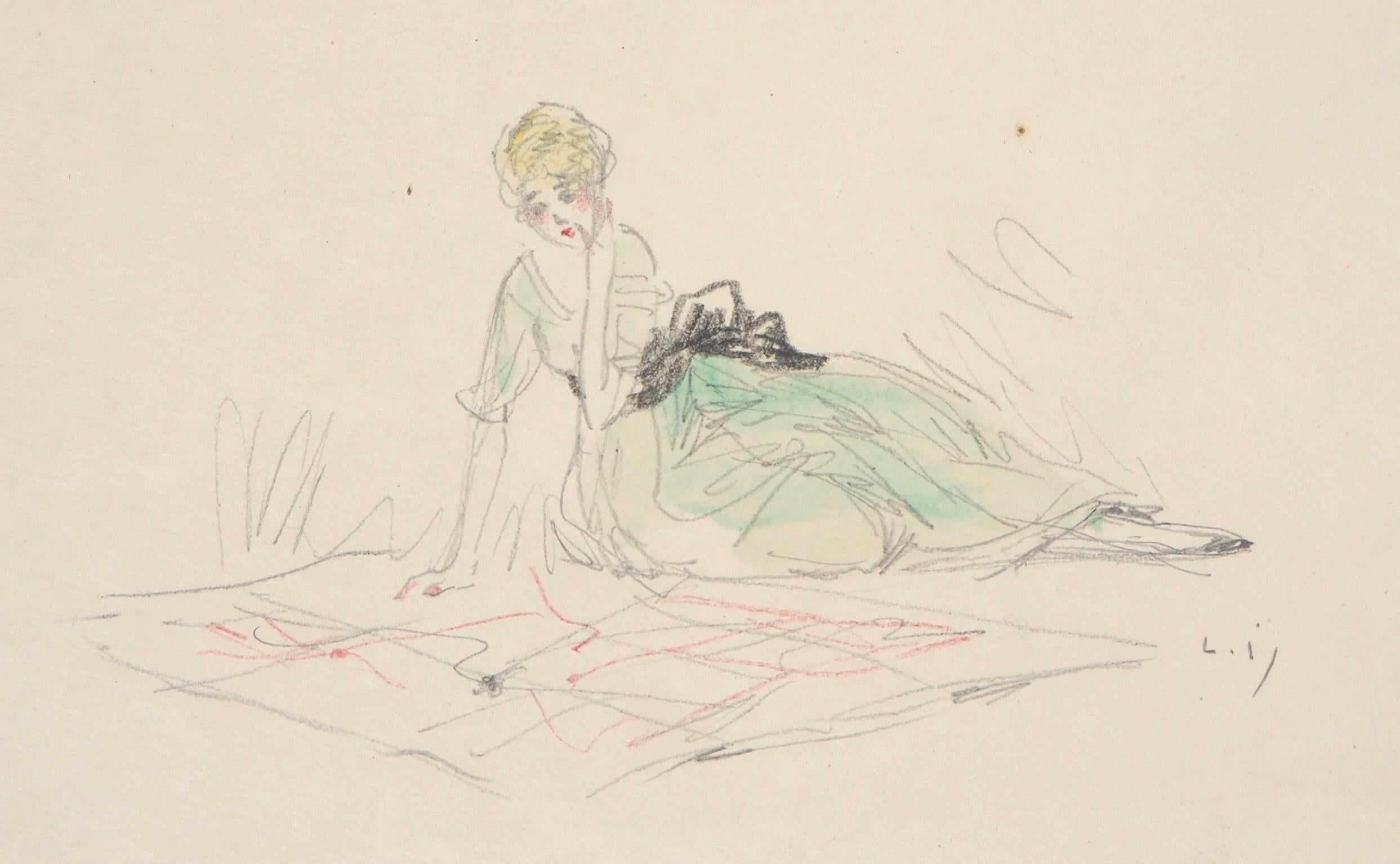 Patriotic Woman, c. 1917 - Original Handsigned Etching with Marginal Watercolor - Beige Figurative Print by Louis Icart