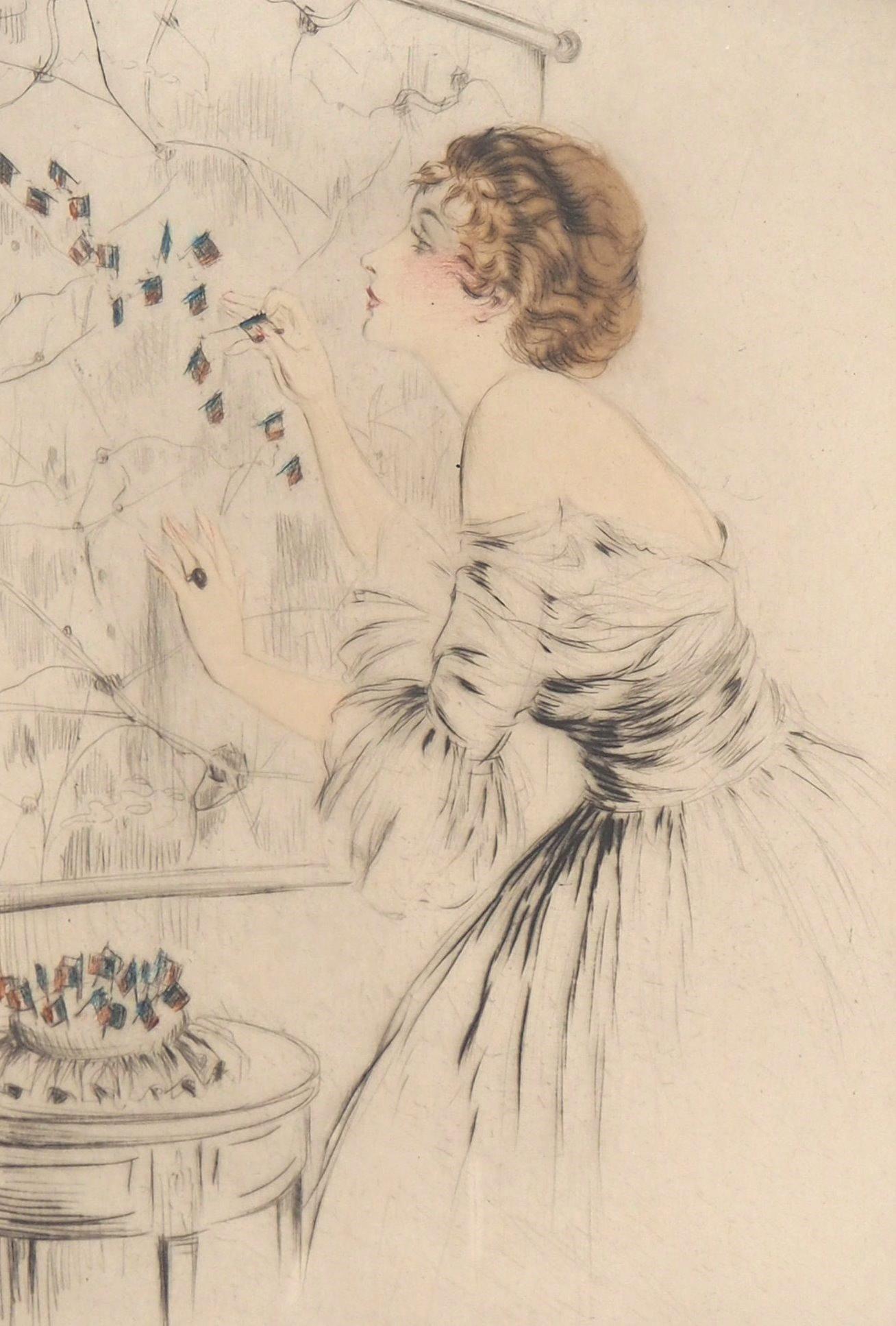 Louis Icart
Patriotic Woman, c. 1917

Original dry point etching
With on original Watercolor and pencil drawing in the lower margin
Handsigned in pencil
On Japanese paper, 47,5 x 32,5 cm (c. 18,7 x 12,7 inch)
Edition limited to 50 copies (unnumbered
