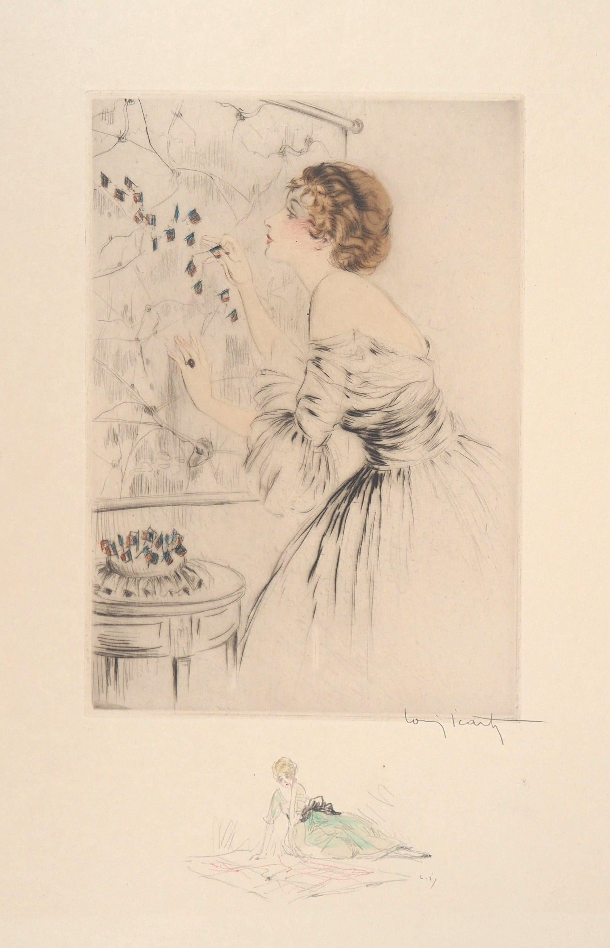 Louis Icart Figurative Print - Patriotic Woman, c. 1917 - Original Handsigned Etching with Marginal Watercolor