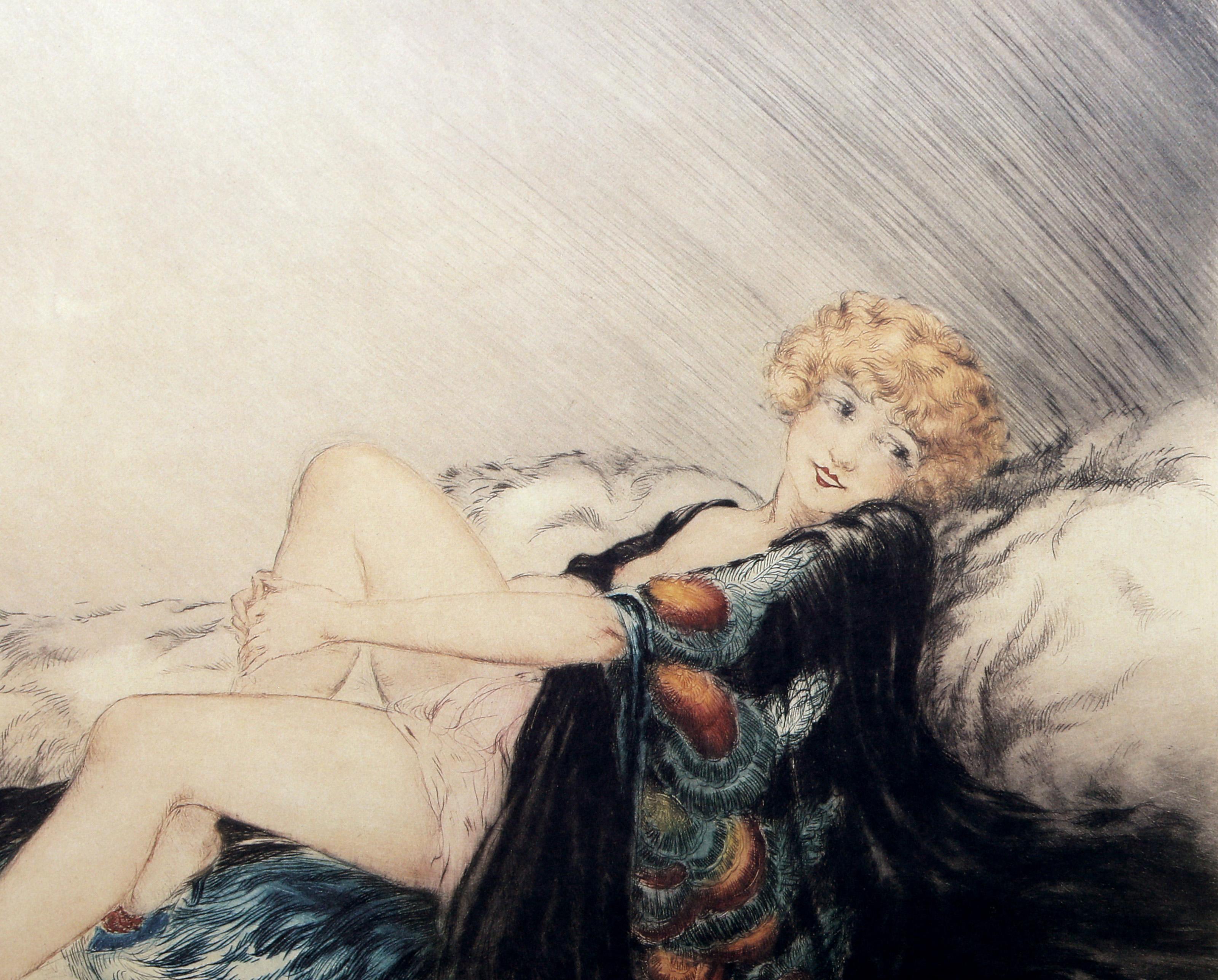 Silk Robe, Art Nouveau Offset Lithograph by Louis Icart For Sale 1