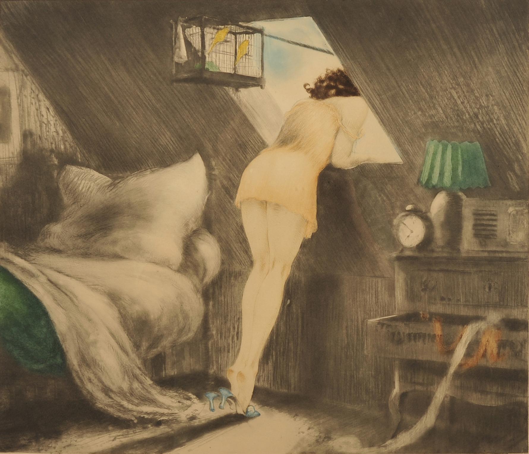 Louis Icart Figurative Print – The Attic Room