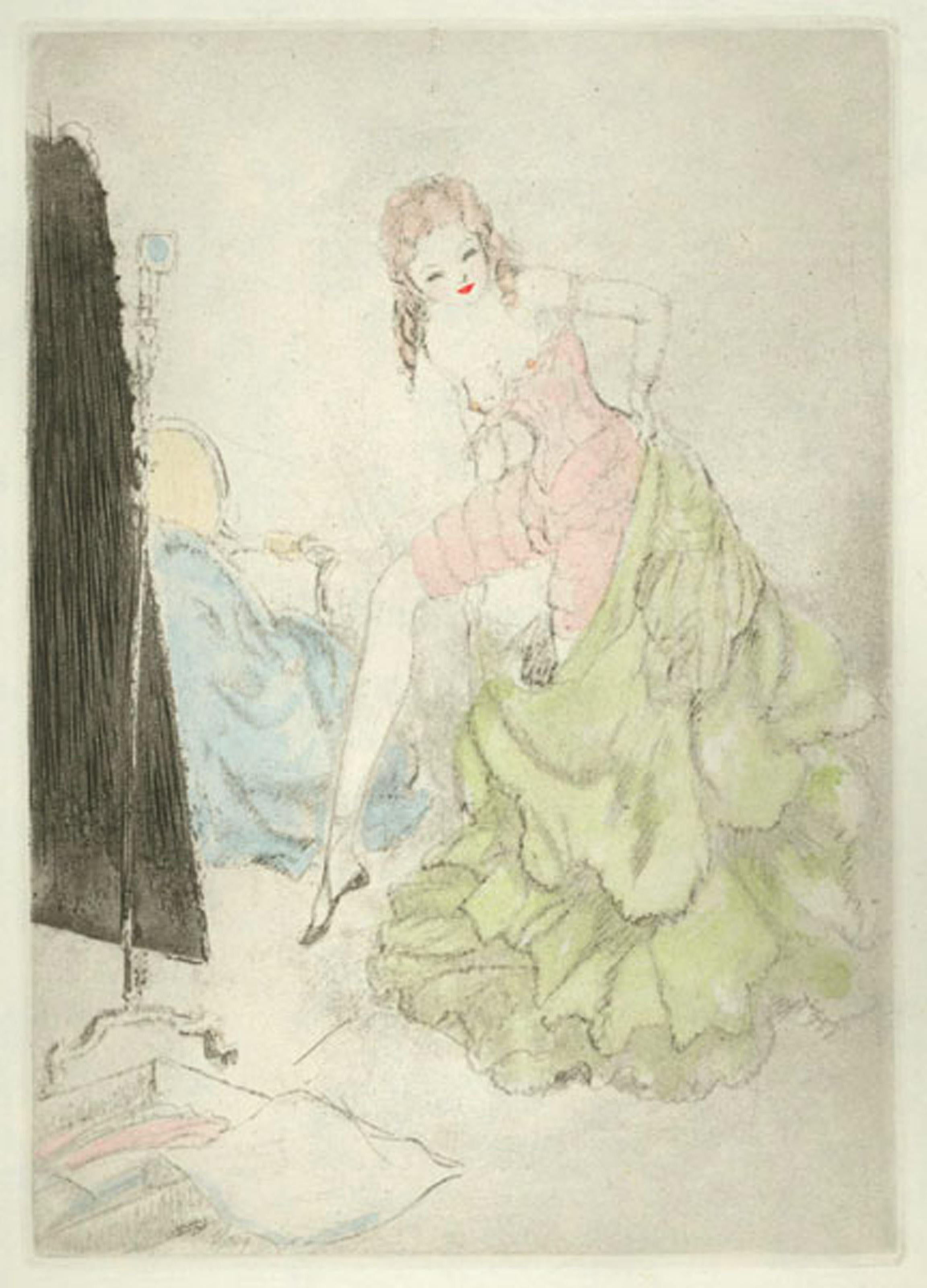 Louis Icart, Après, Français (1888 - 1950) - Déshabillage de La Dame aux Camelias, Année :  1938, Moyen :  Gravure coloriée à la main, Taille de l'image :  7,5 x 5,25 pouces, Taille :  11  x 8.75 in. (27.94  x 22.23 cm)