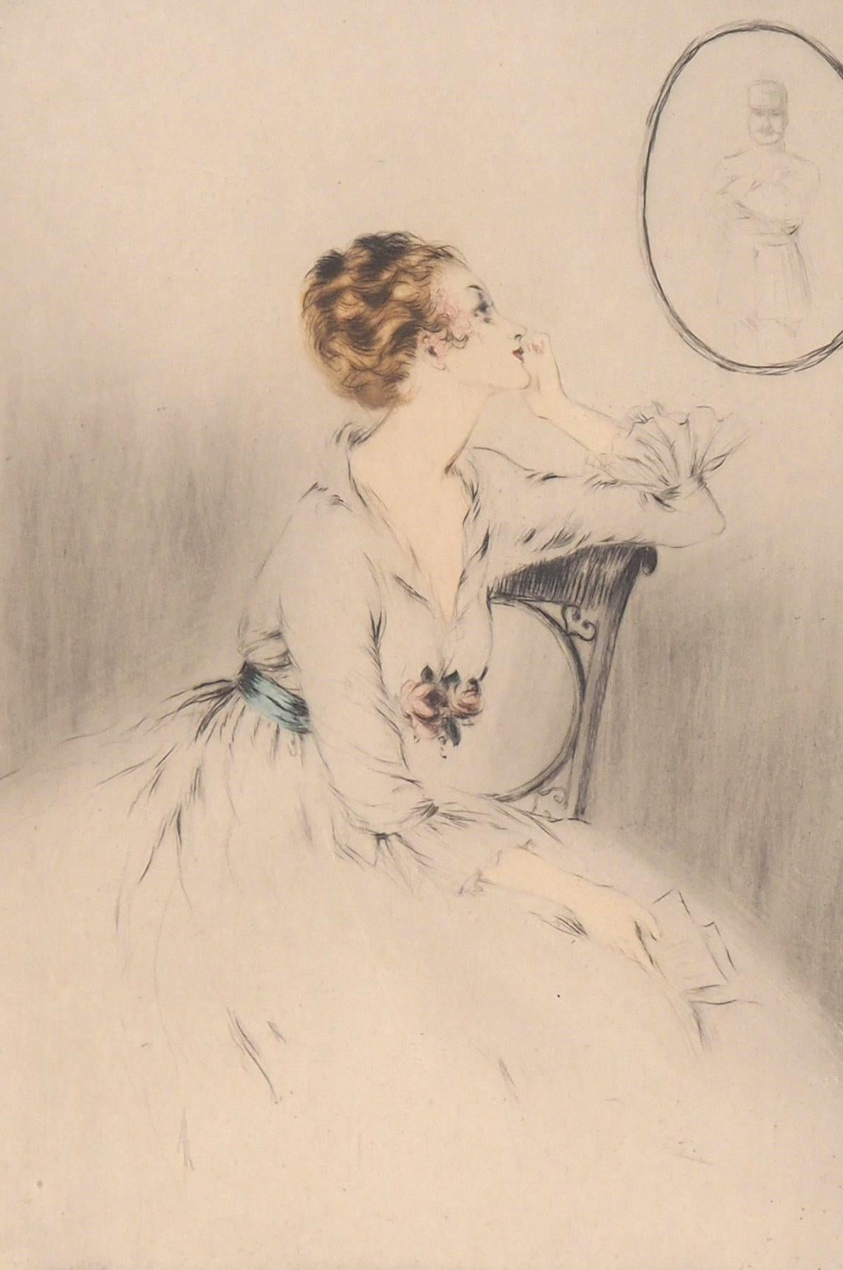 Wife Waiting for Her Husband - Original Handsigned Etching & Watercolor - Art Deco Print by Louis Icart