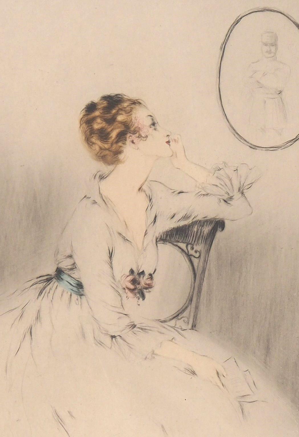 Wife Waiting for Her Husband - Original Handsigned Etching & Watercolor - Beige Figurative Print by Louis Icart