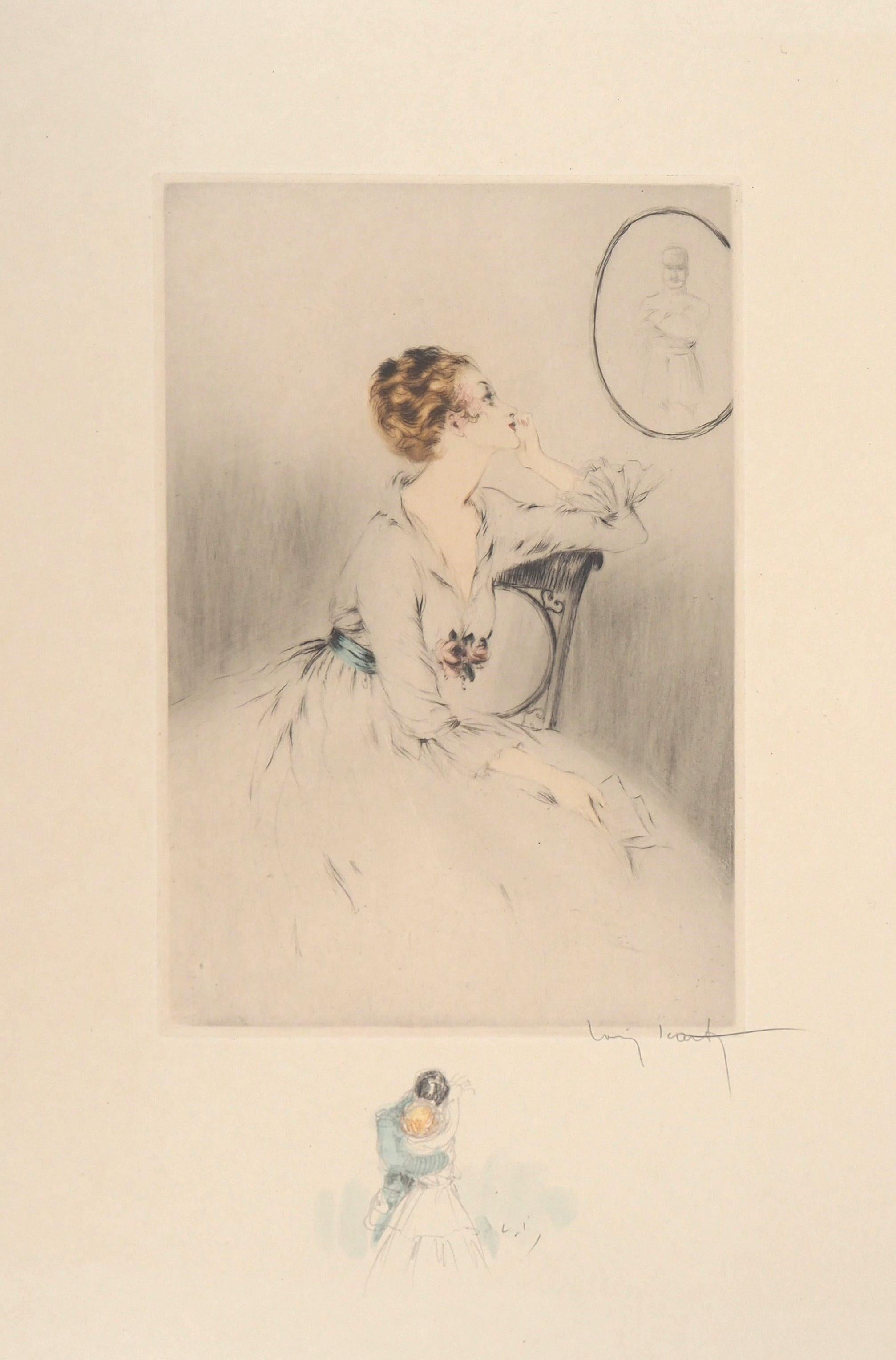 Louis Icart Figurative Print - Wife Waiting for Her Husband - Original Handsigned Etching & Watercolor