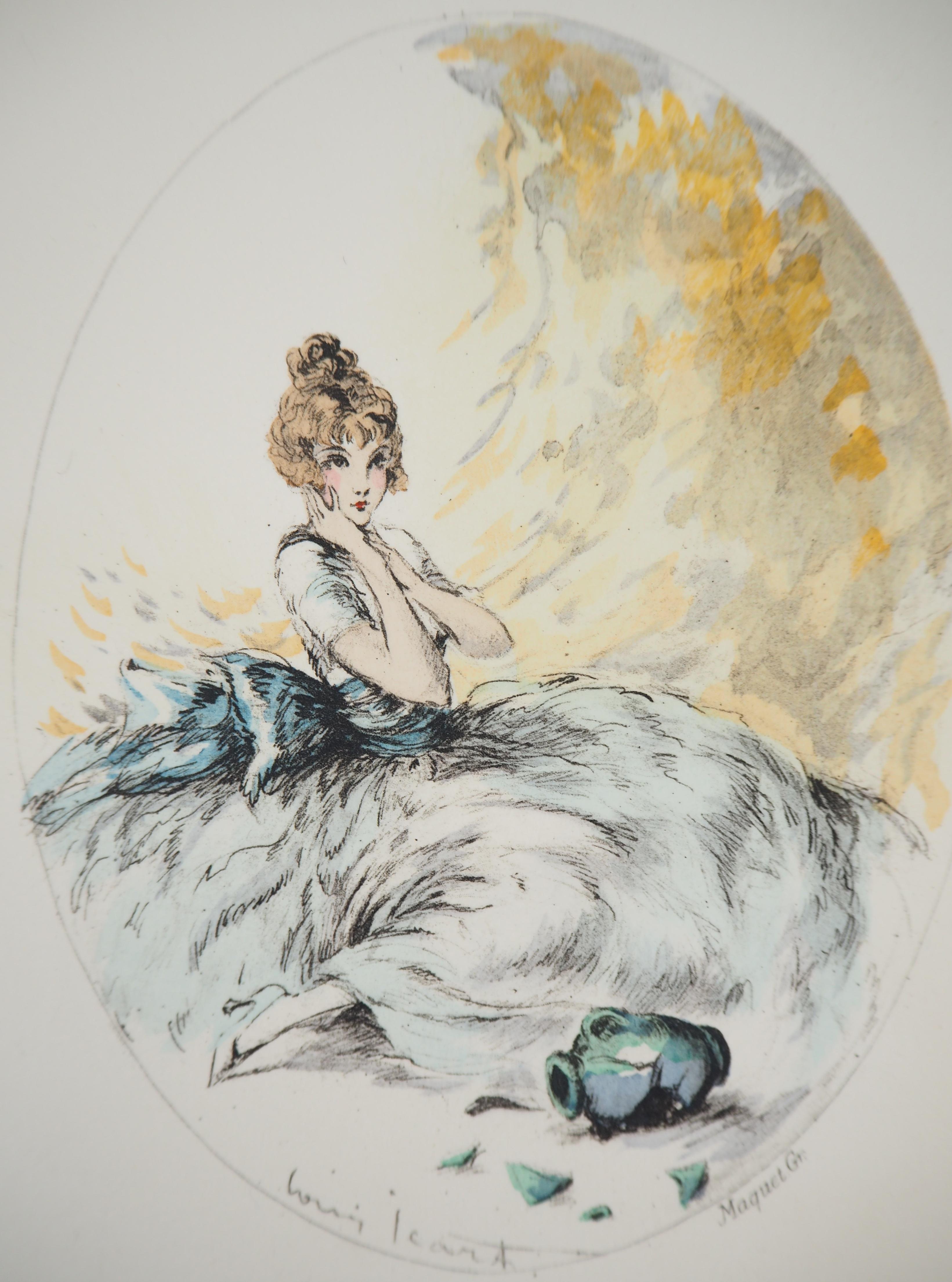 Woman and the Broken Pot - Original etching - Gray Figurative Print by Louis Icart