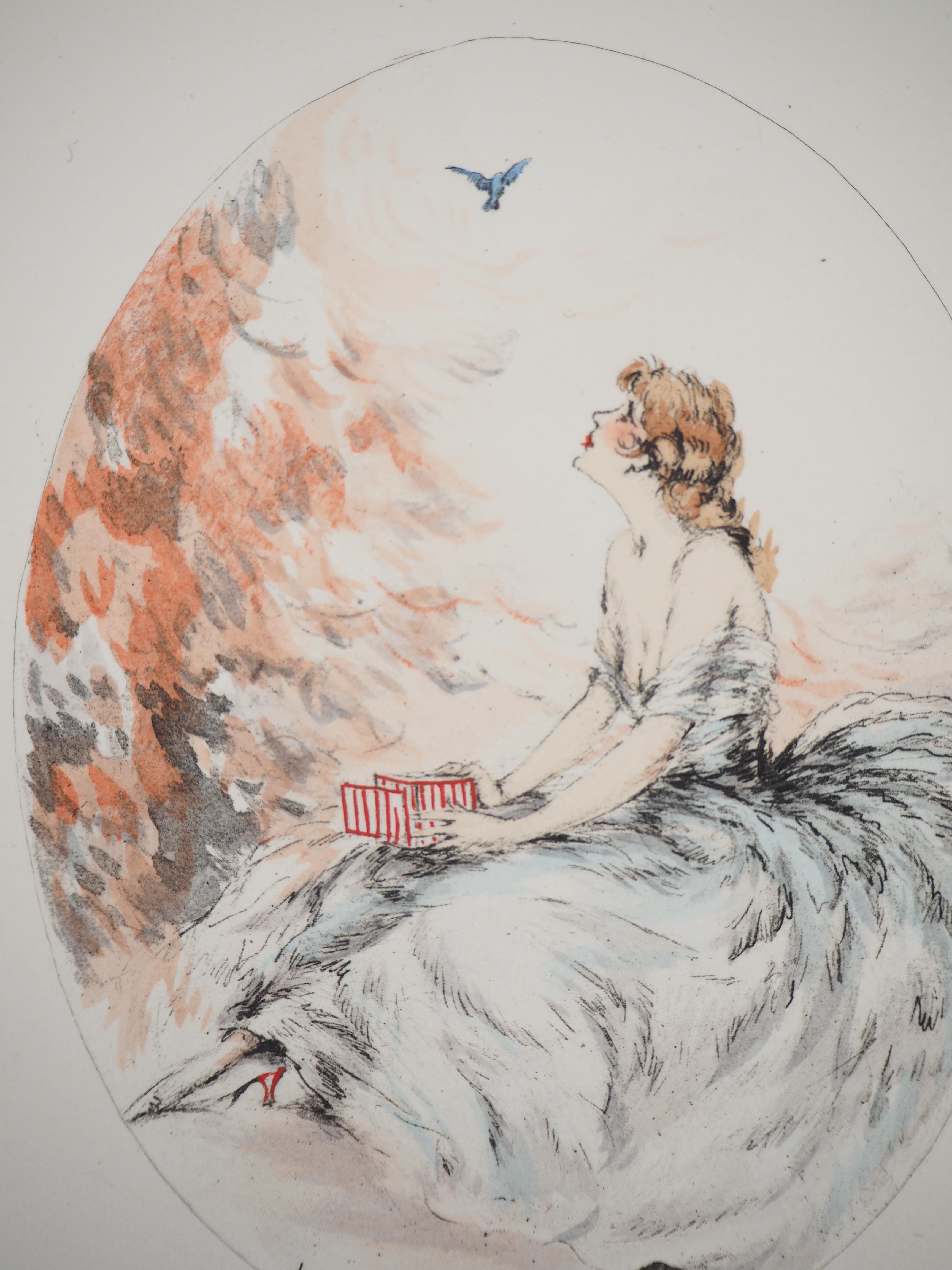 Woman and the Free Bird - Original etching - Gray Figurative Print by Louis Icart
