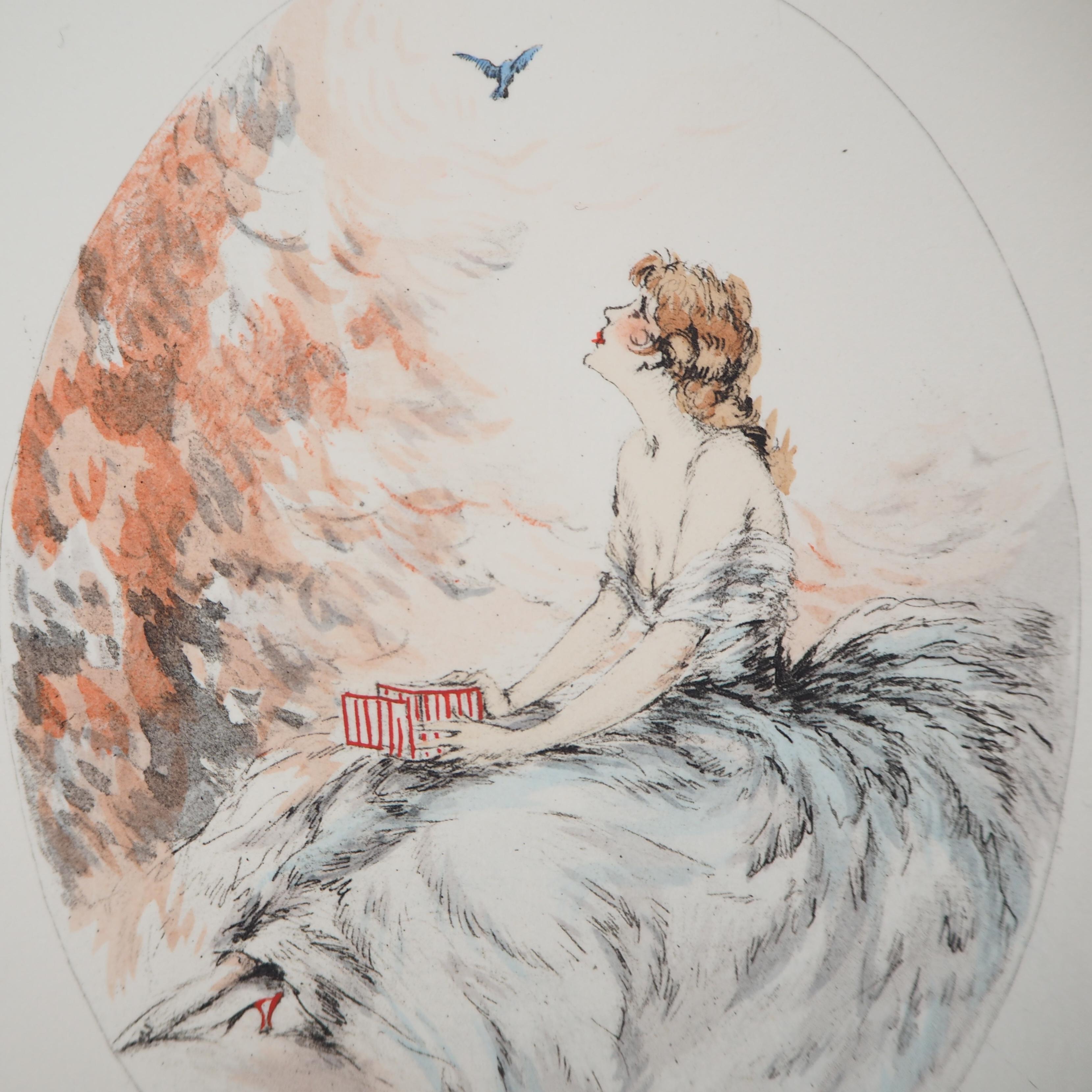 Louis Icart
Woman and the Free Bird 

Original etching and stencil
Printed signature in the plate
On vellum 16 x 22 cm (c. 6.5 x 9 in)

Excellent condition