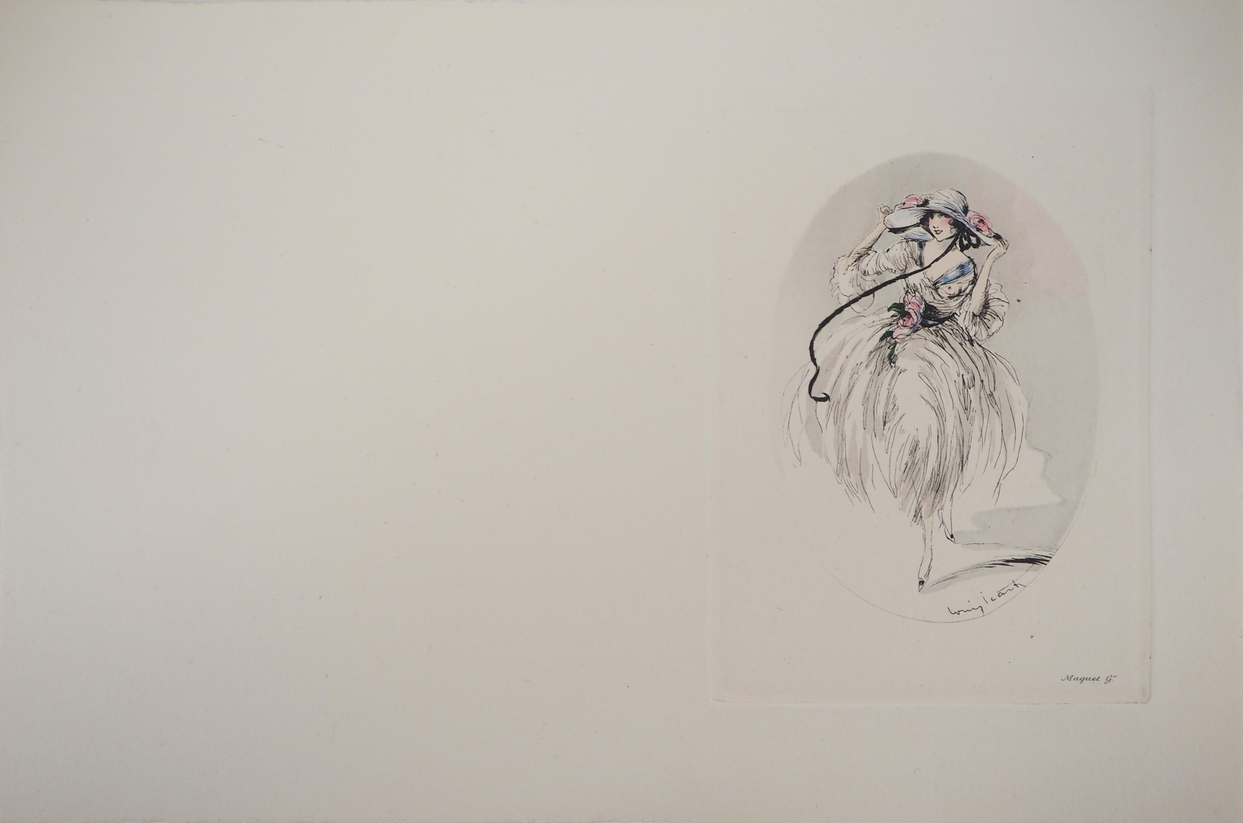 Mujer con sombrero alto - Grabado original - Print de Louis Icart