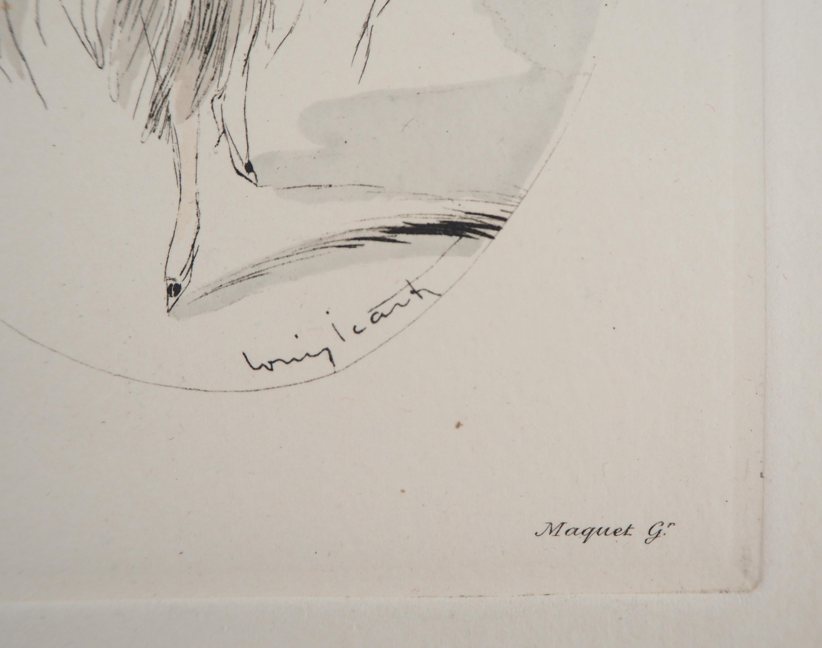 Mujer con sombrero alto - Grabado original - Print Moderno de Louis Icart