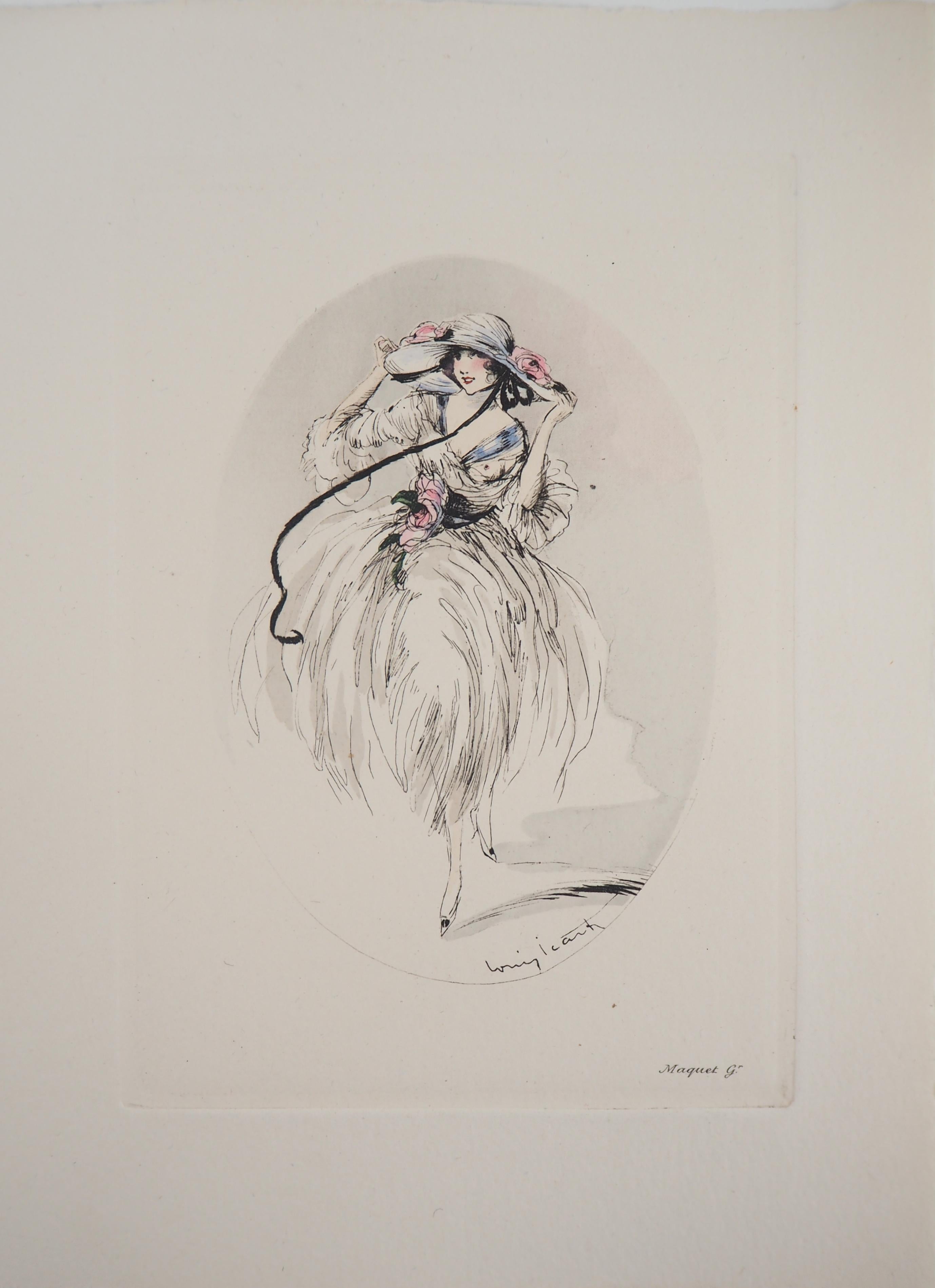 Mujer con sombrero alto - Grabado original - Figurative Print Gris de Louis Icart