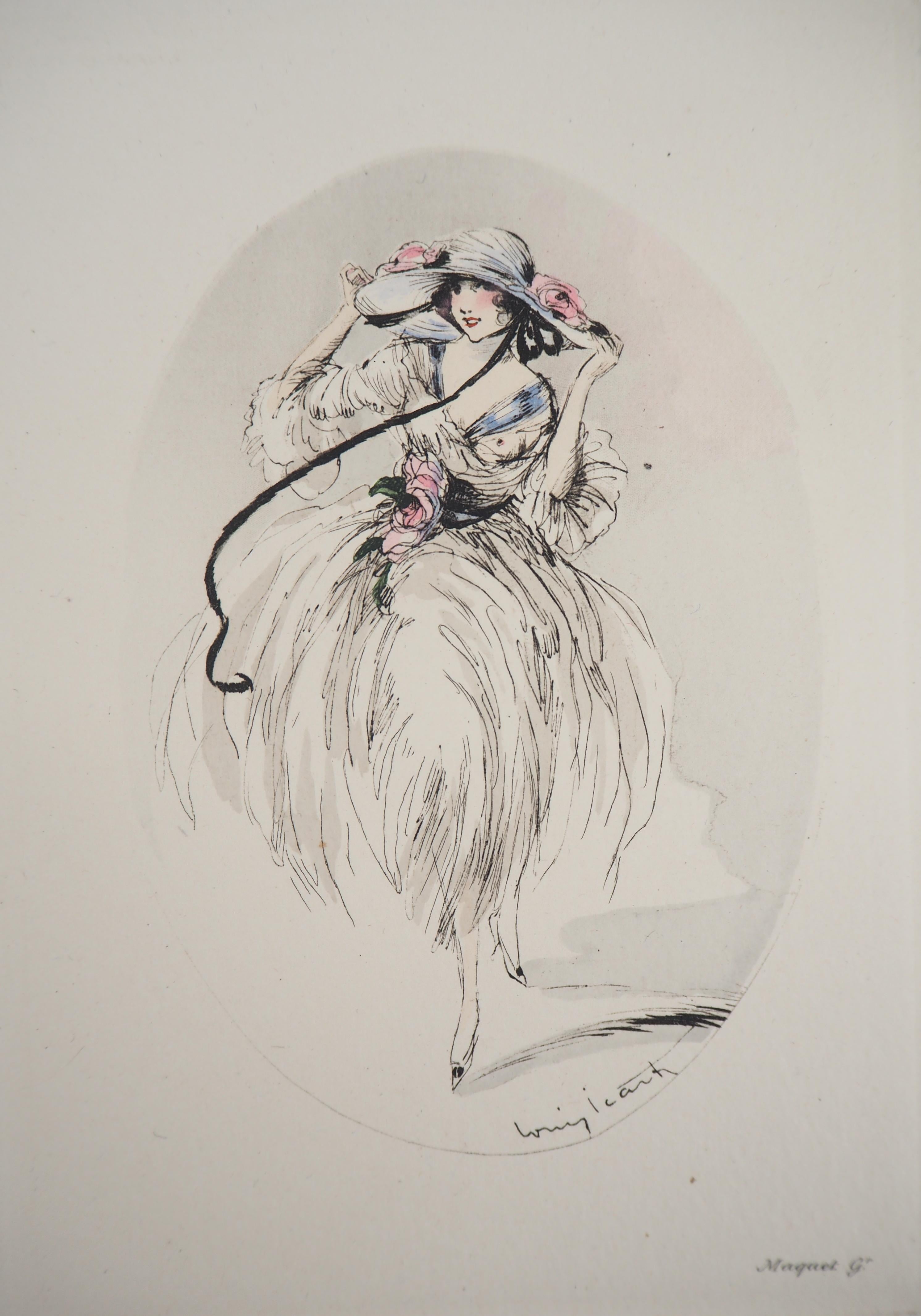Figurative Print de Louis Icart - Mujer con sombrero alto - Grabado original