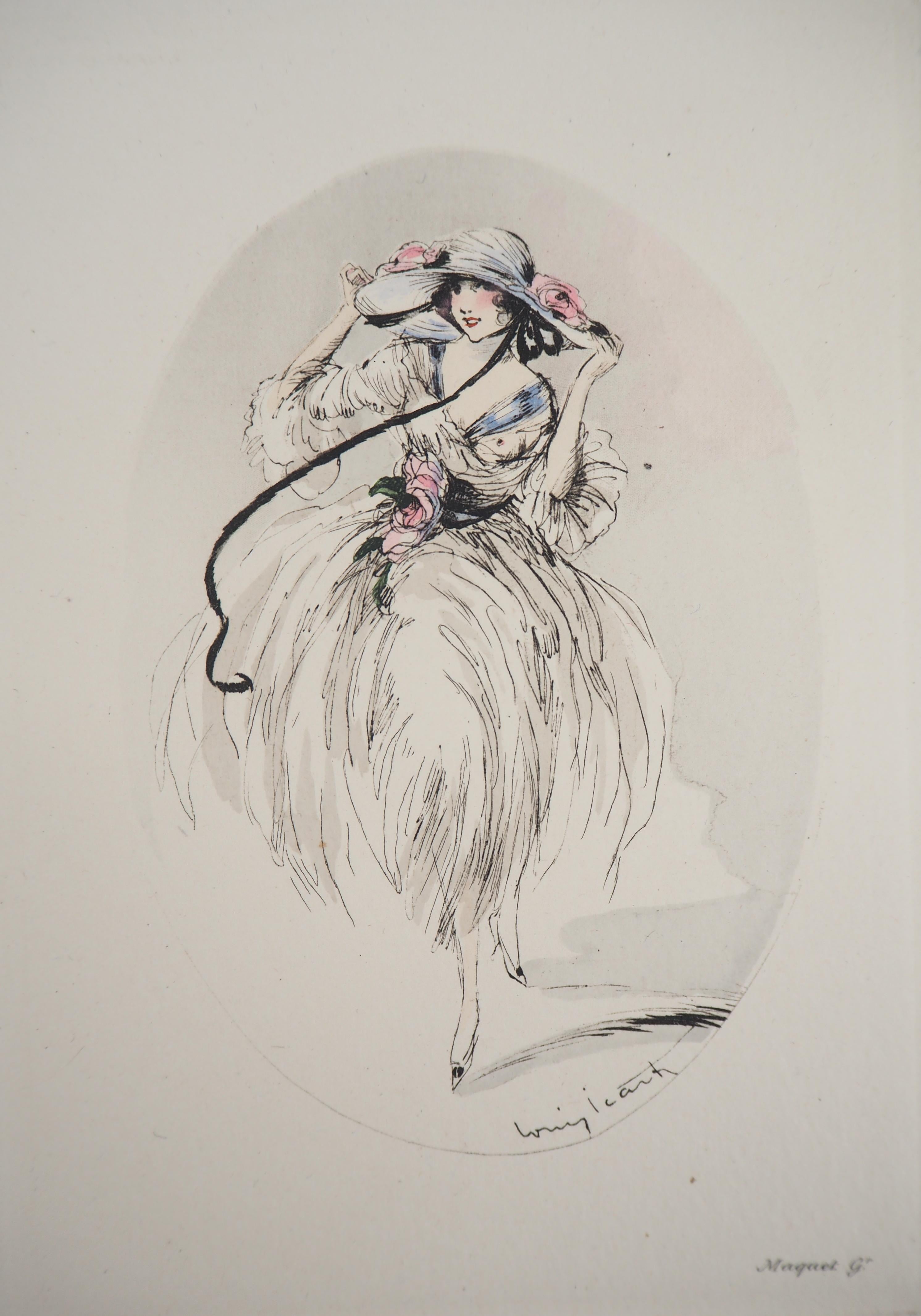 Louis Icart Figurative Print - Woman with Tall Hat - Original etching