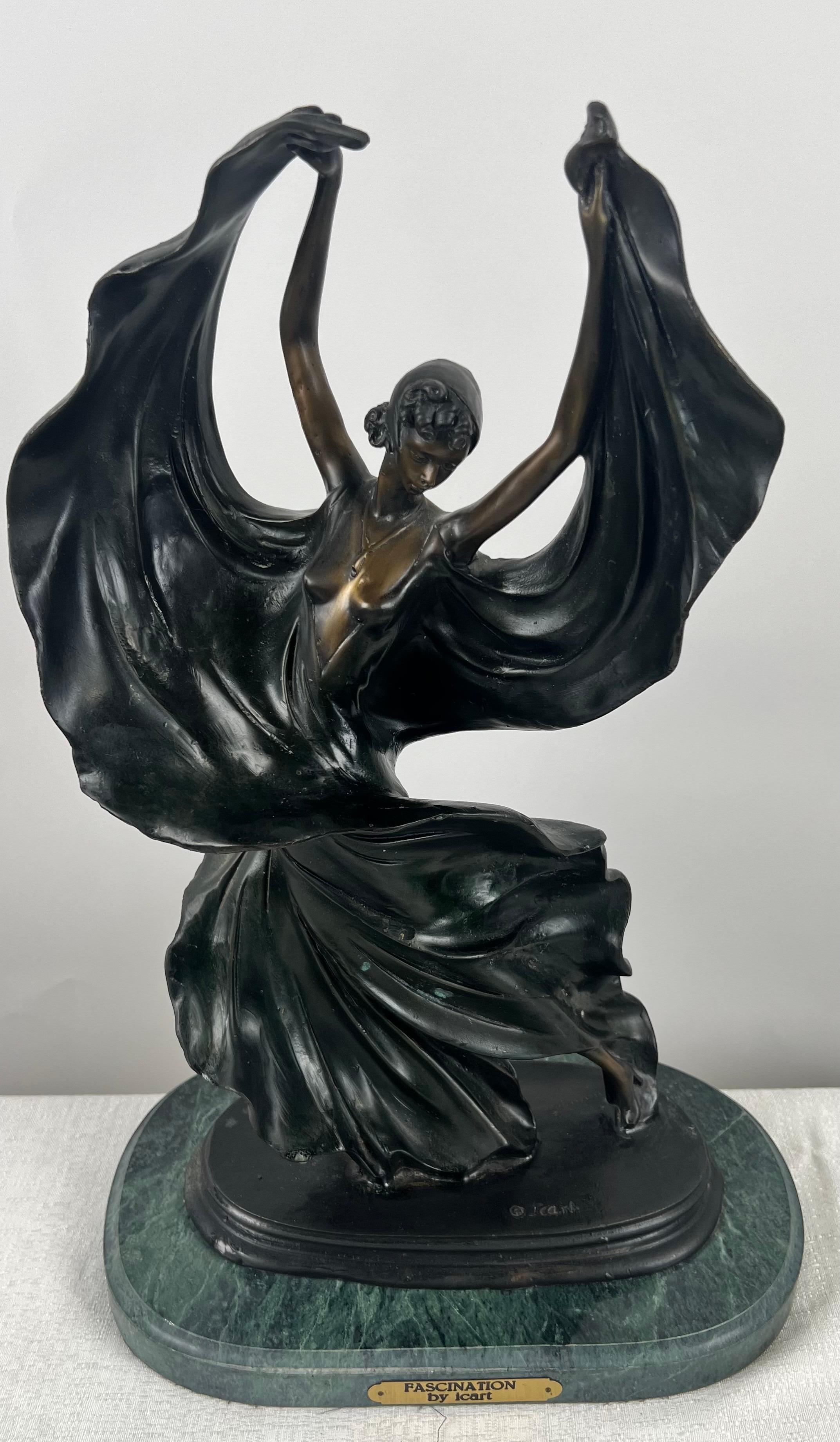 Louis Icart Art Deco Style Fascination Recast Bronze Dancing Woman Statue For Sale 1