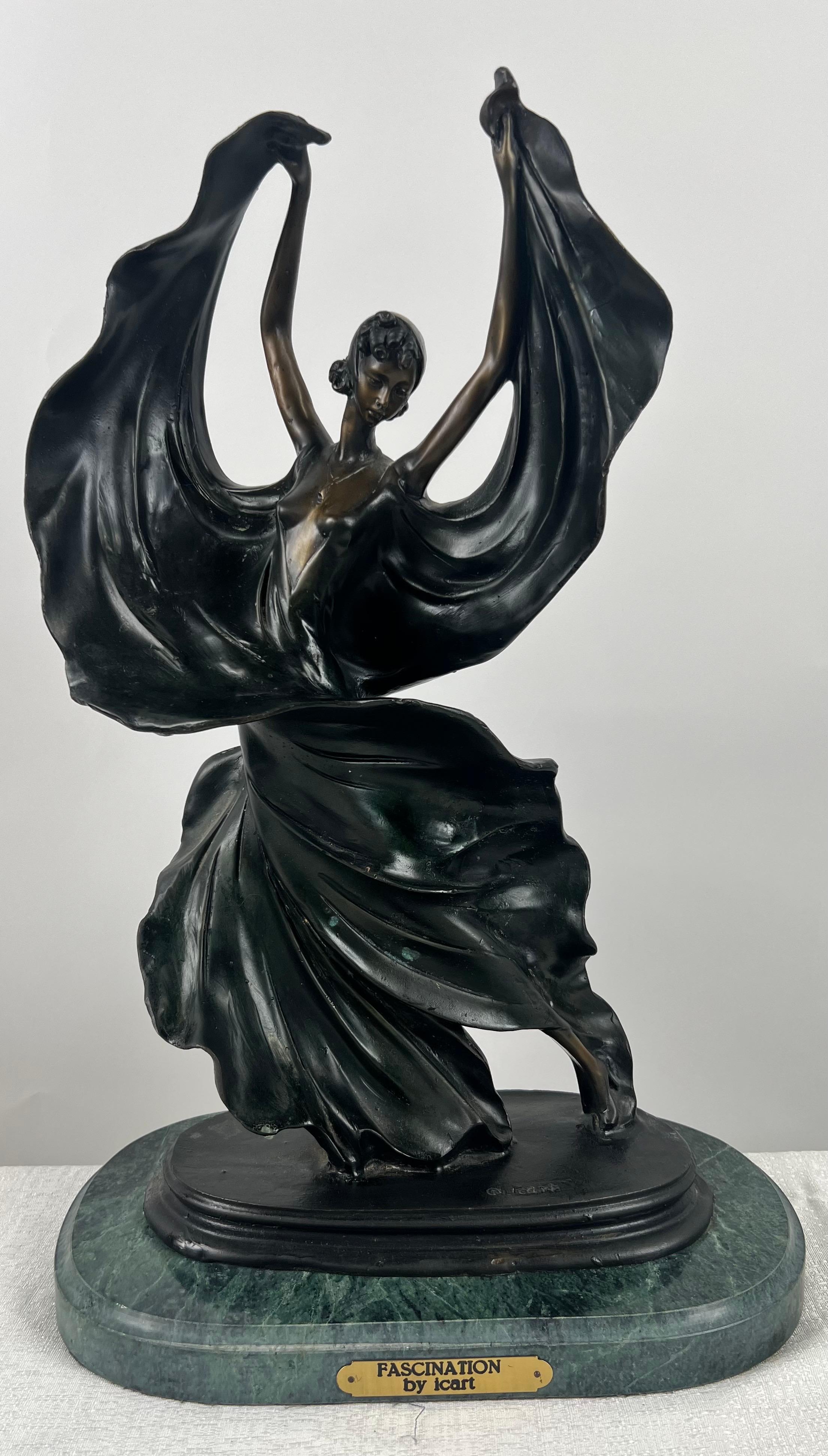 "Fascination" Art Deco Bronze Recast After Louis Icart, Dancing Woman on Marble Base
Inspired by the iconic etchings of Louis Icart (1888–1950), this exquisite bronze sculpture titled "Fascination" is a recast homage to the Art Deco era. Capturing
