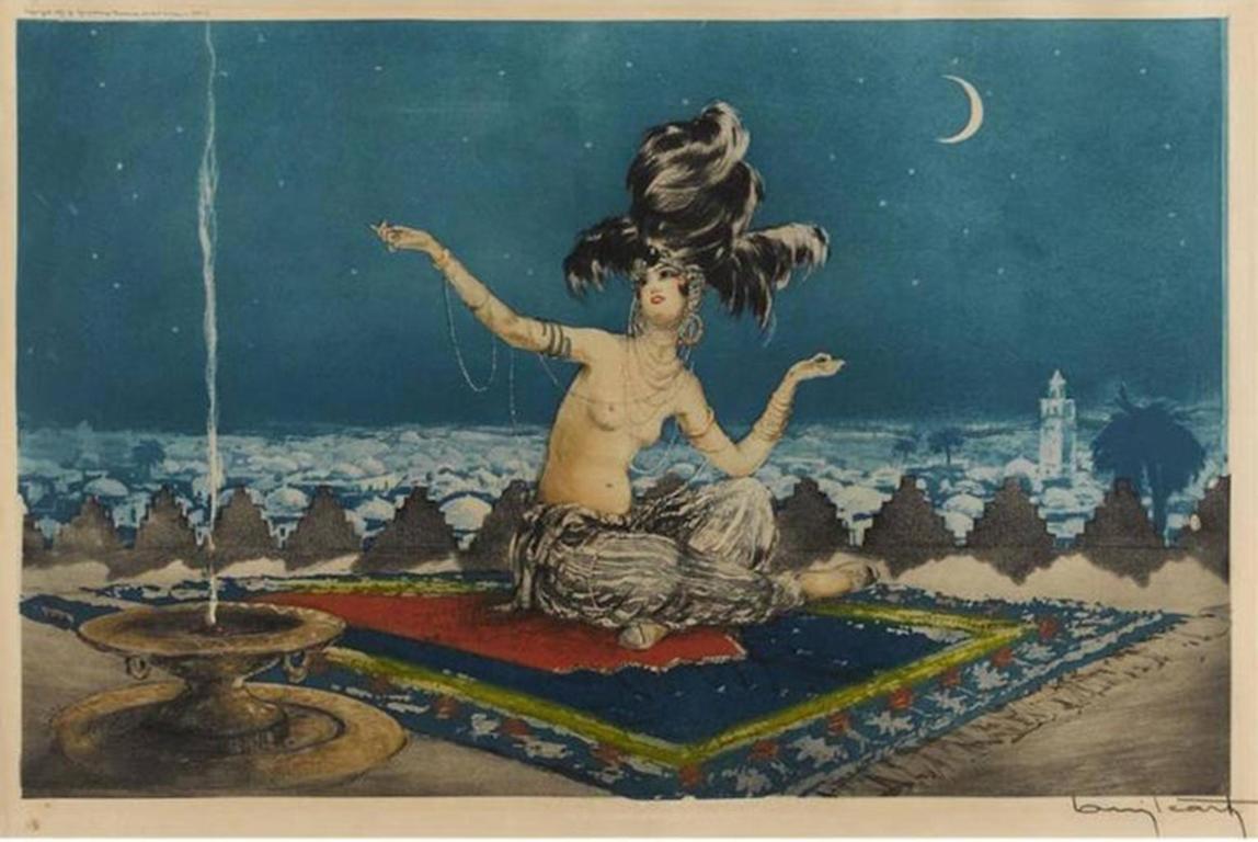 Shéhérazade.
Louis Icart, French 1888-1950.
1927 signed and with the artist’s blindstamp in the margin, hand colored etching on BFK Rives. Exceptional crisp and bright image, large sheet or image.
Later custom frame.
Measures: Image size 13