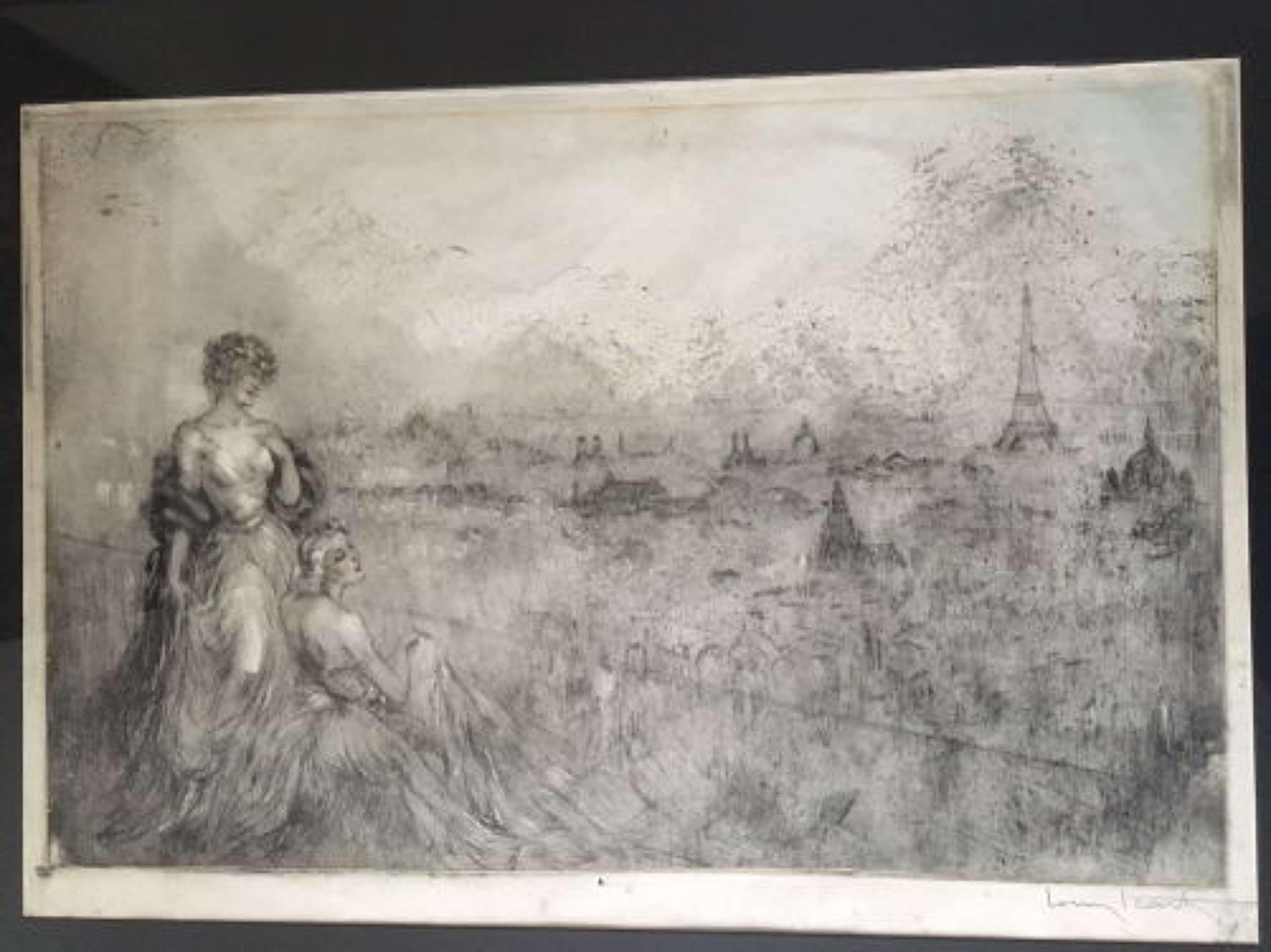 Offered for sale is this fabulous Louis Icart (1888-1950) Etching of two women overlooking Paris. It has been signed. 
In very good condition. It has been re-framed. A larger than normal etching for Icart
Louis Icart – French (1888 – 1950)
Louis