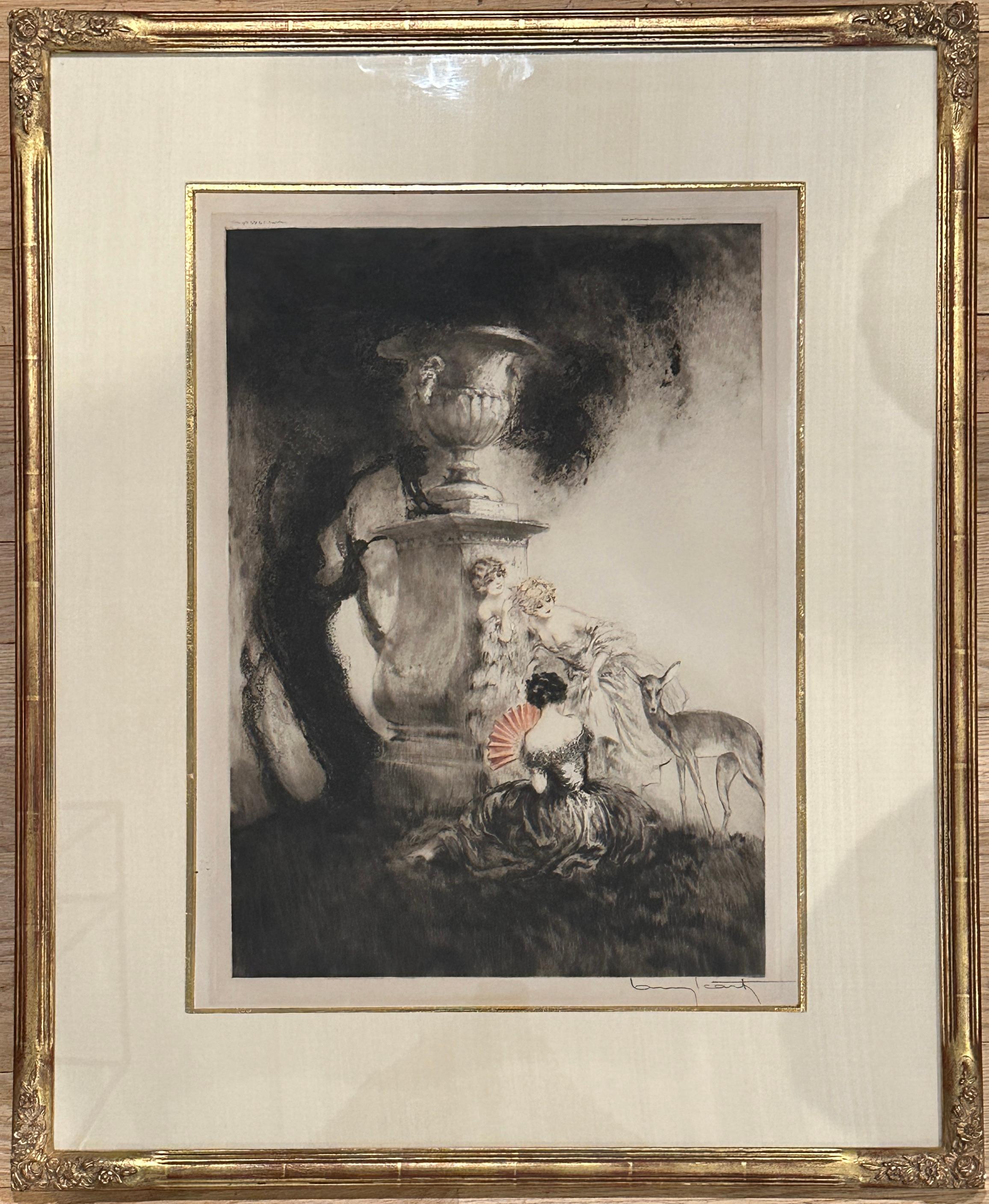 Une captivante eau-forte et aquatinte originale colorée à la main par le célèbre artiste français Louis Icart (1888-1950), intitulée Whispered Secrets (Secrets chuchotés). Cette composition romantique et rêveuse met en scène trois femmes élégantes,