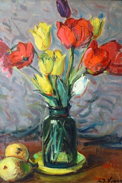 Vintage Floral Still Life Oil Painting, Mid-century framed tulips in frame