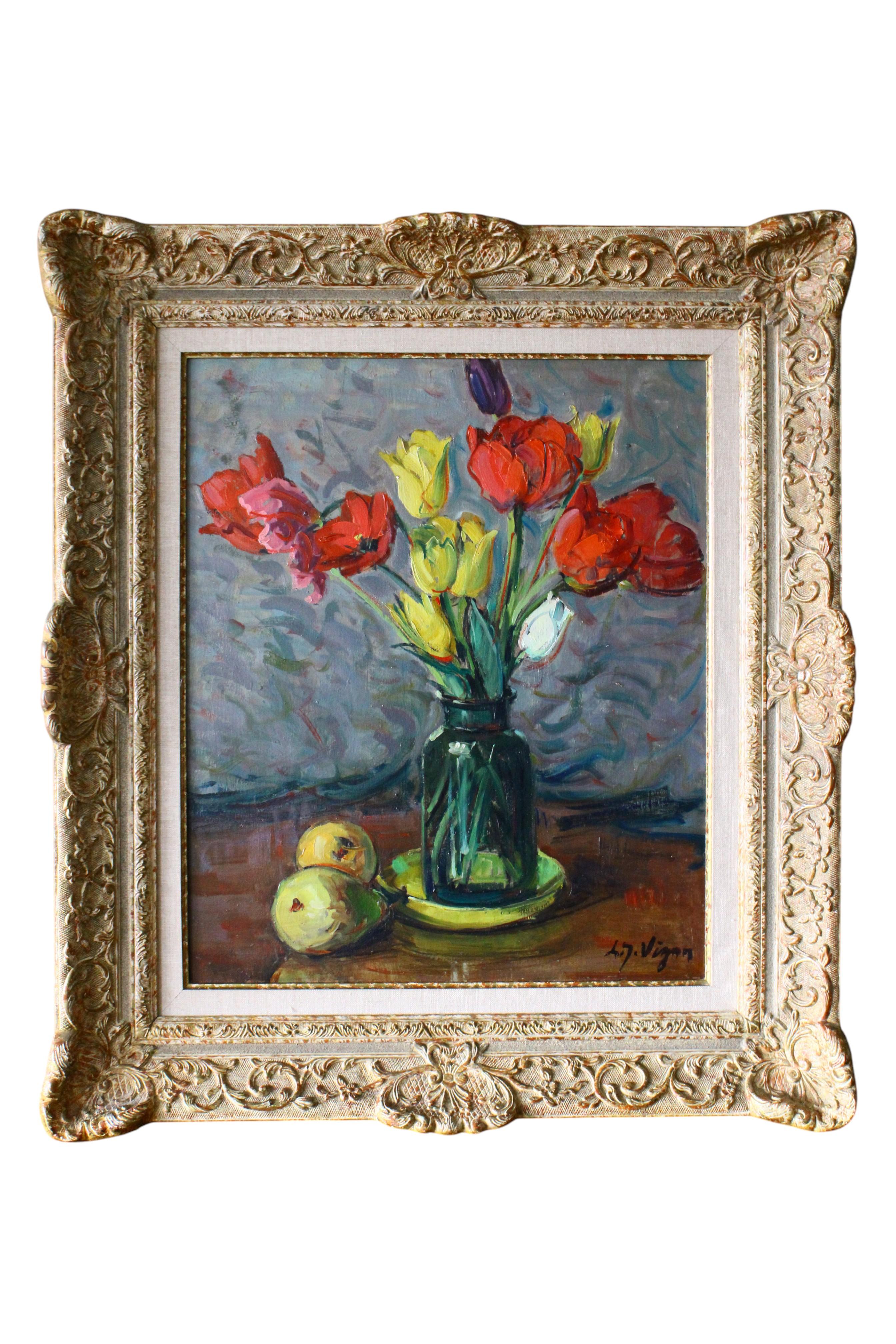 Louis Jacques Vigon Still-Life Painting - Vintage Floral Still Life Oil Painting, Mid-century framed tulips in frame