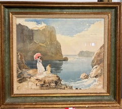 American Impressionist California Coast Nude Bather w/ PARASOL Painting