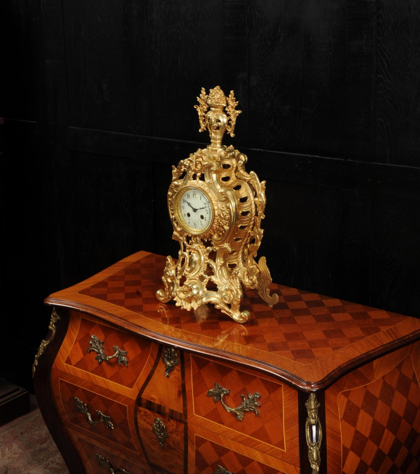 19th Century Louis Japy Antique French Gilt Bronze Rococo Clock
