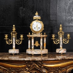 Louis Japy Ormolu and Marble Portico Antique French Clock Set