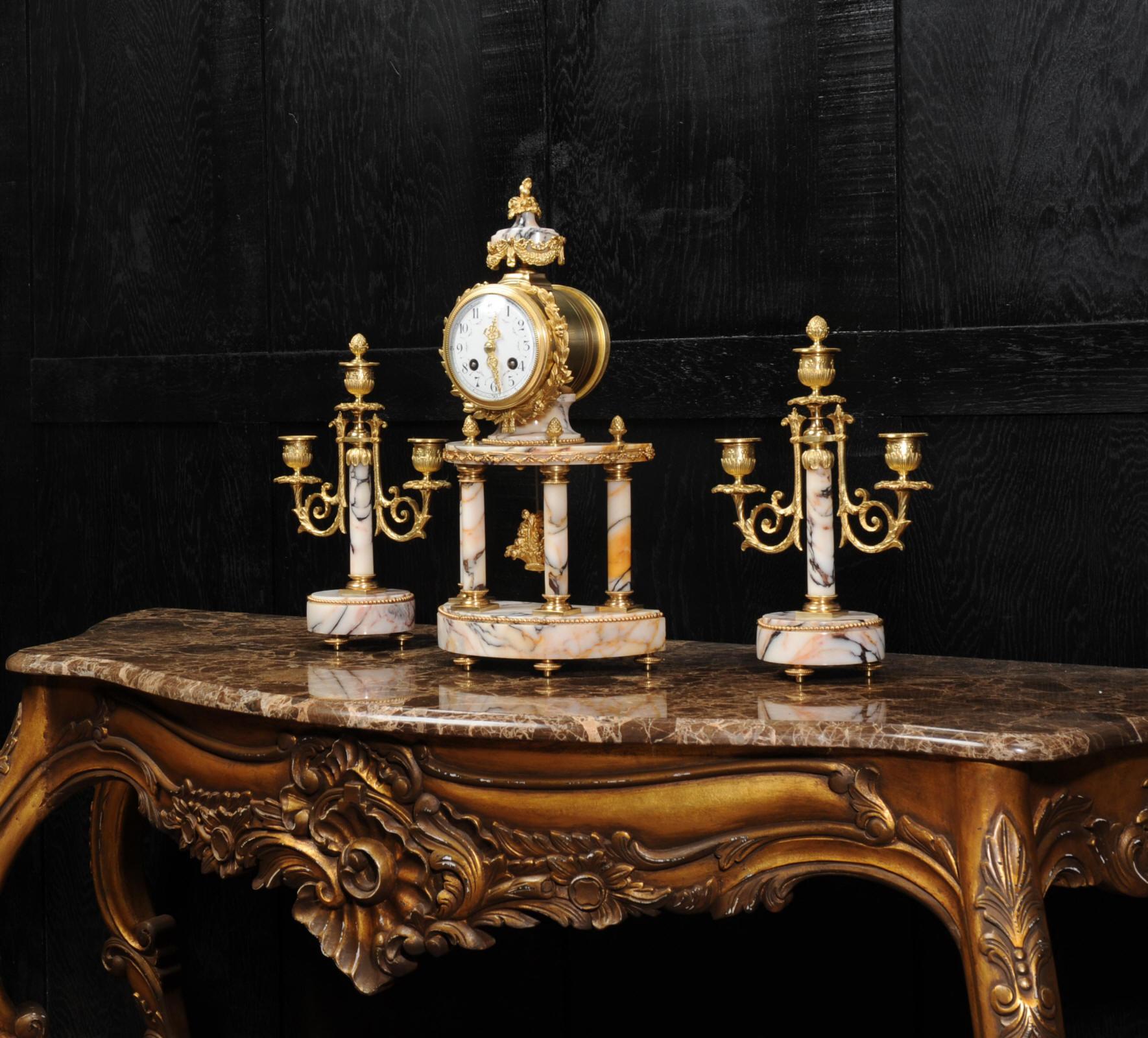 Neoclassical Louis Japy Ormolu and Marble Portico Antique French Clock Set