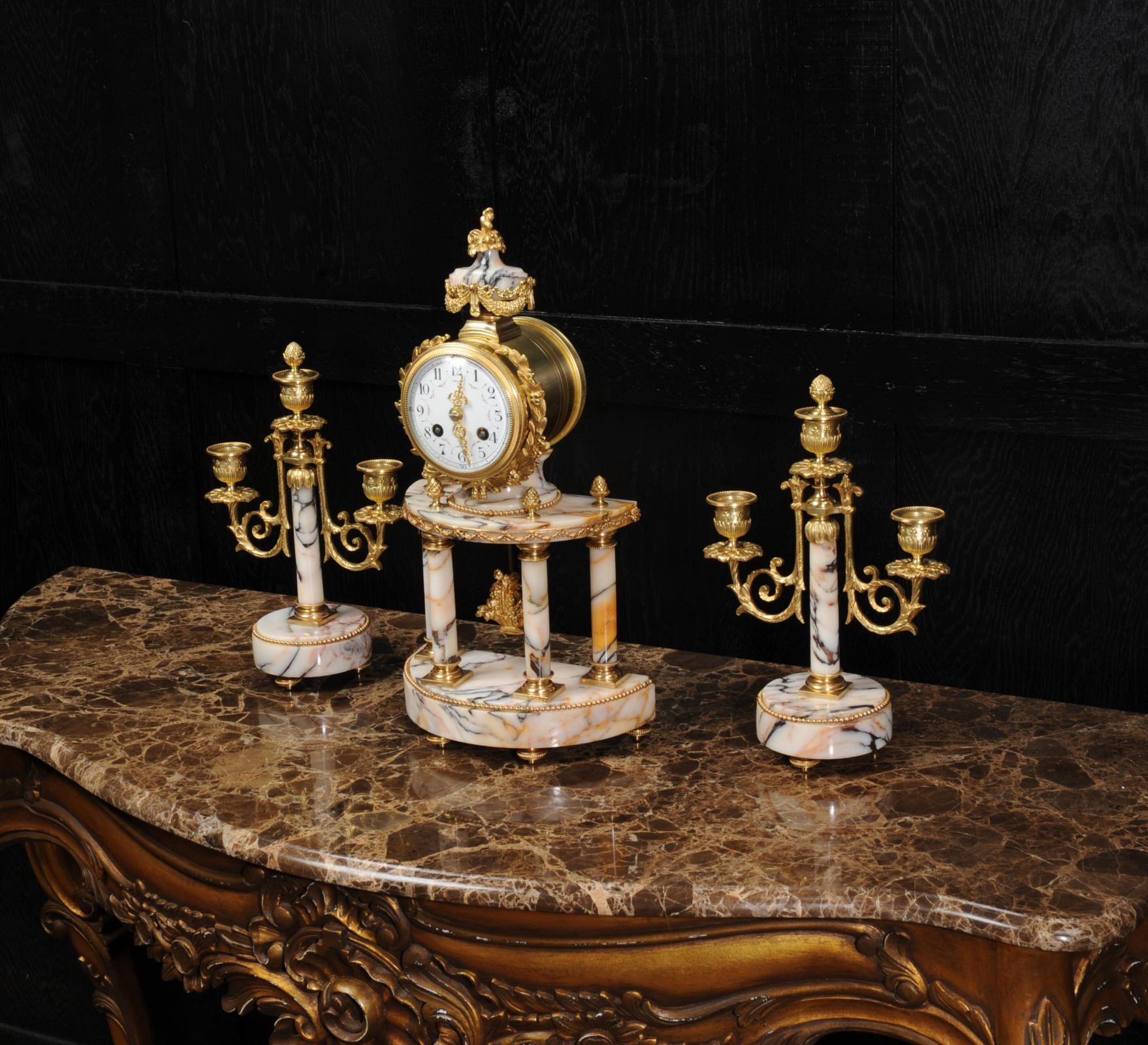 Louis Japy Ormolu and Marble Portico Antique French Clock Set In Good Condition In Belper, Derbyshire