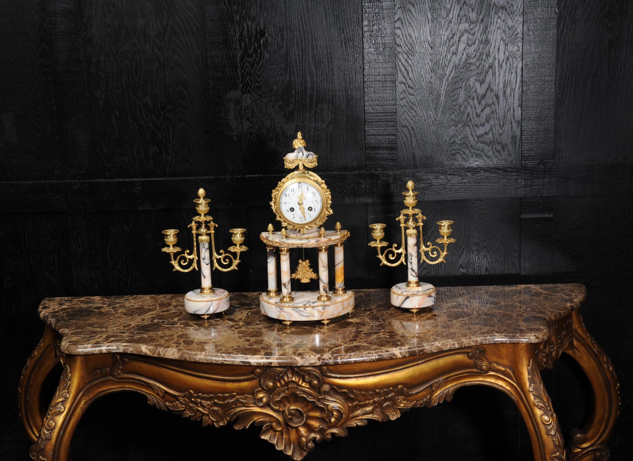 19th Century Louis Japy Ormolu and Marble Portico Antique French Clock Set